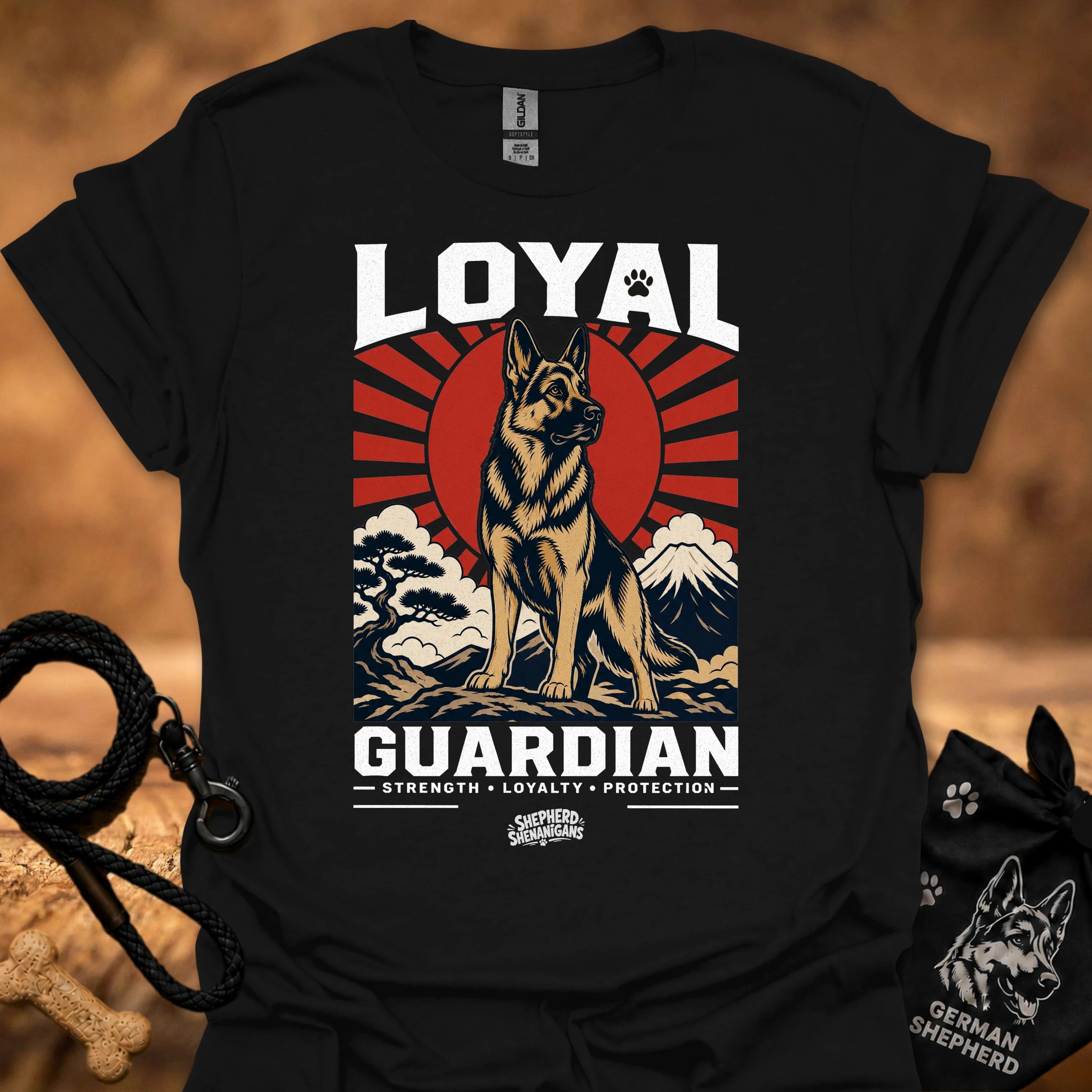 Black T-shirt, front print of Loyal Guardian dog emblem