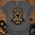 Charcoal Loyal guardian graphic T-shirt with German shepherd emblem in gold and black
