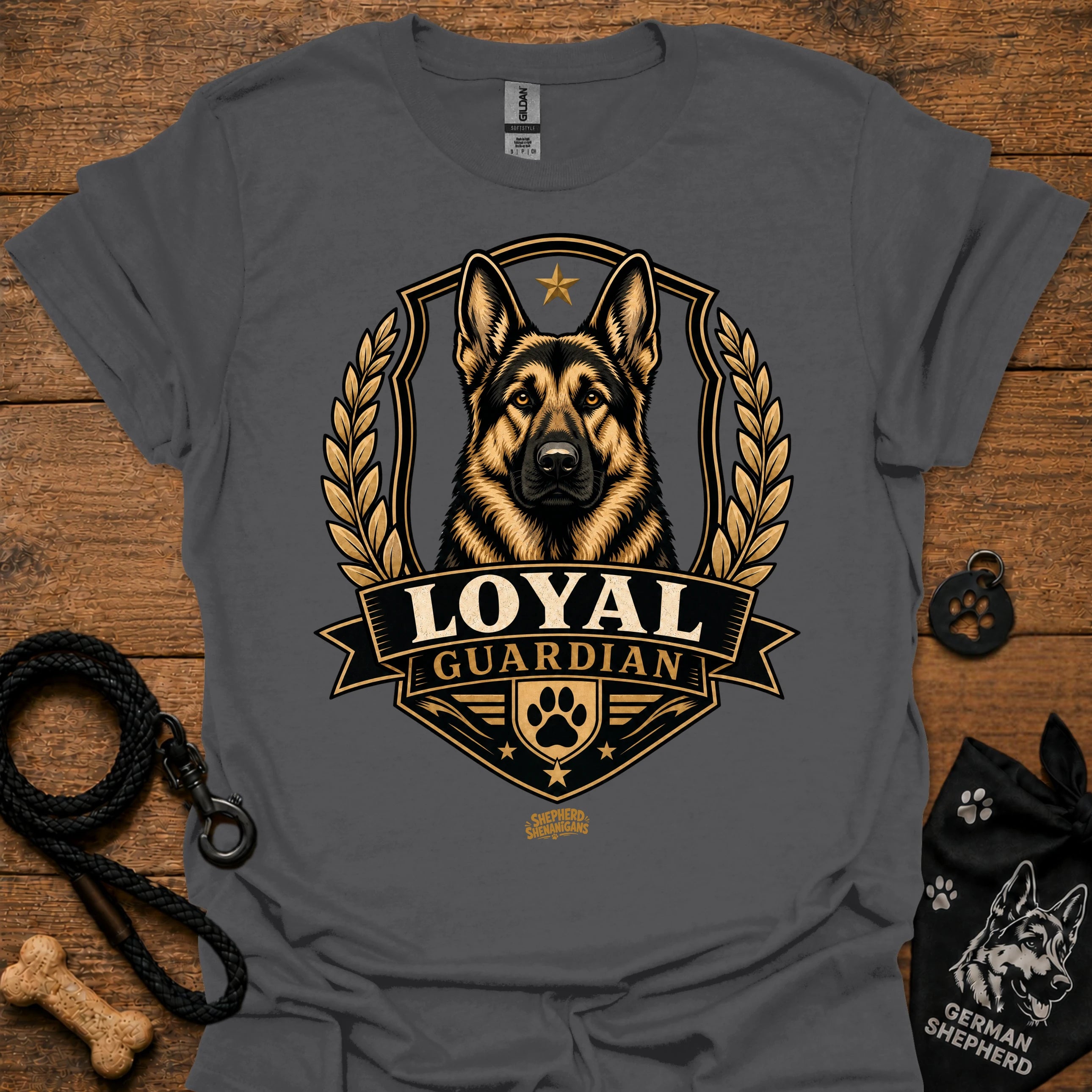 Charcoal Loyal guardian graphic T-shirt with German shepherd emblem in gold and black