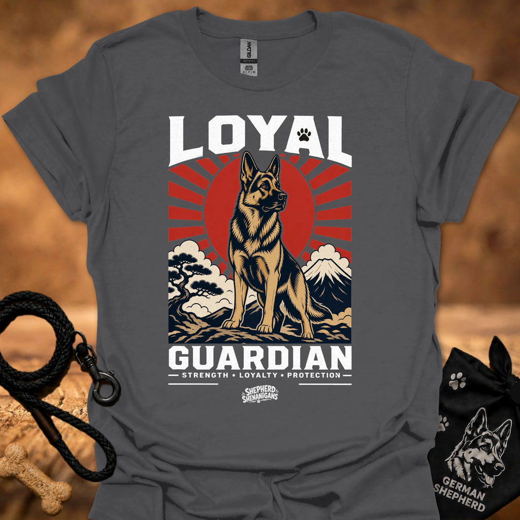 Charcoal gray T-shirt, front print of Loyal Guardian dog emblem