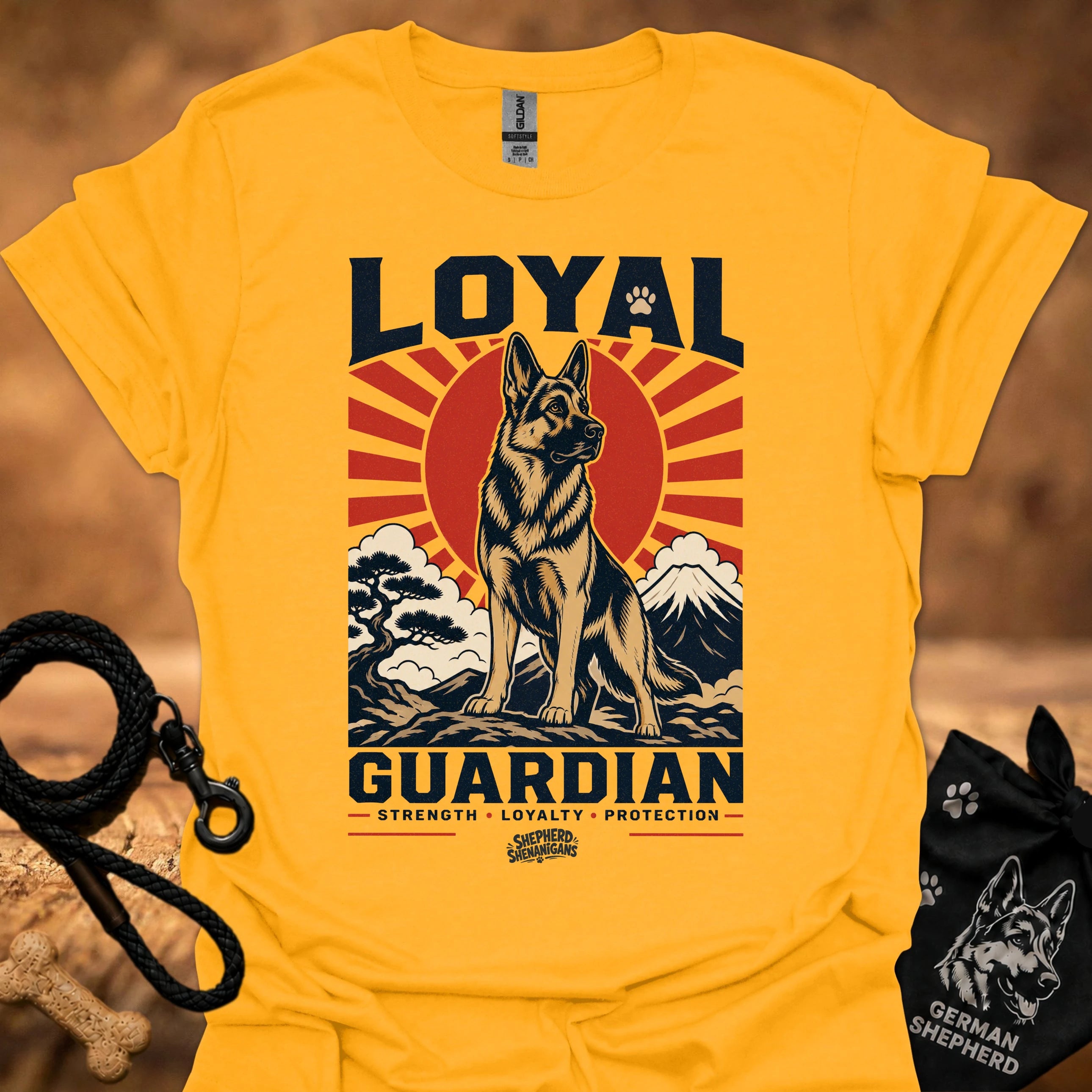 Gold T-shirt, front print of Loyal Guardian dog emblem