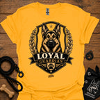 Gold Loyal guardian graphic T-shirt with German shepherd emblem in gold and black