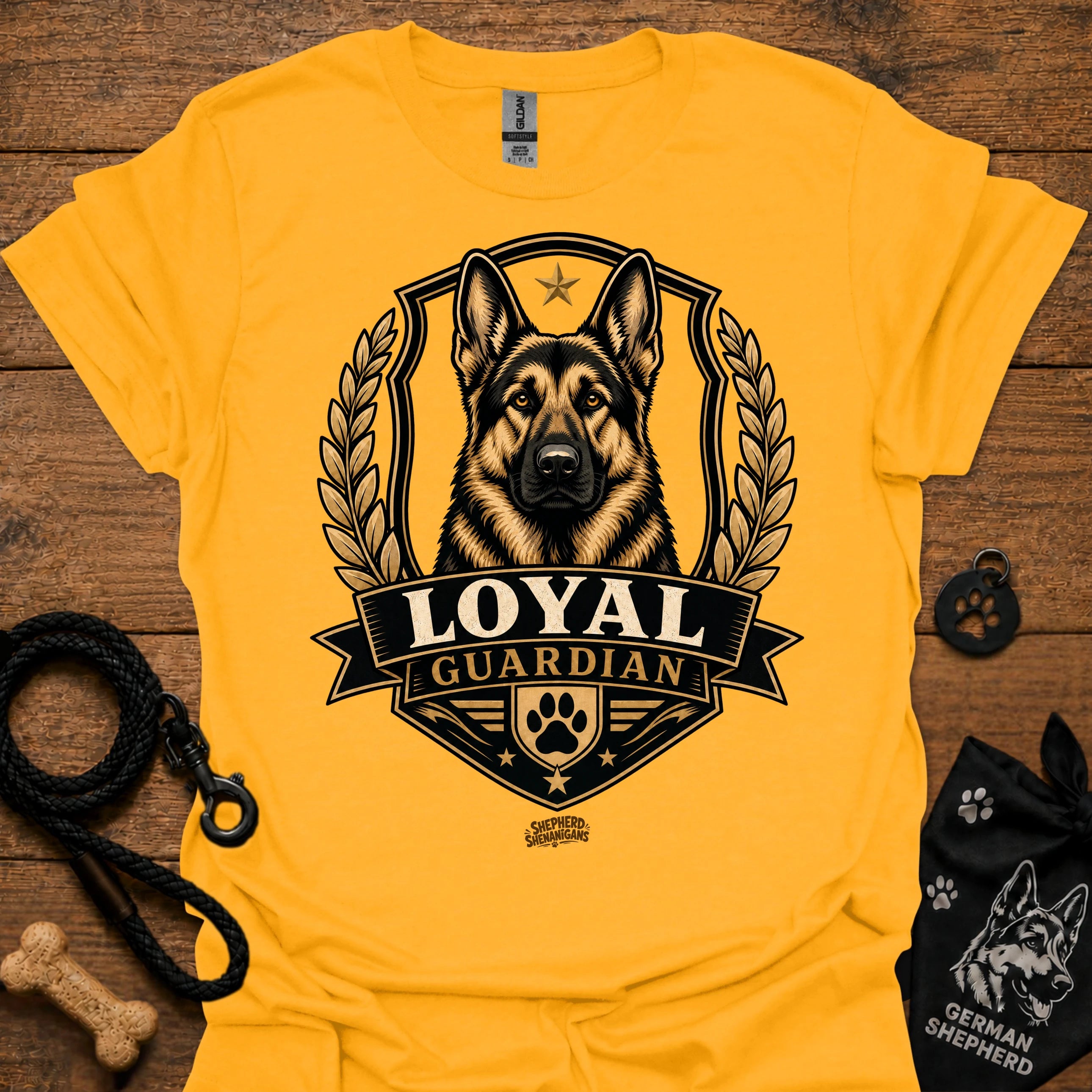Gold Loyal guardian graphic T-shirt with German shepherd emblem in gold and black