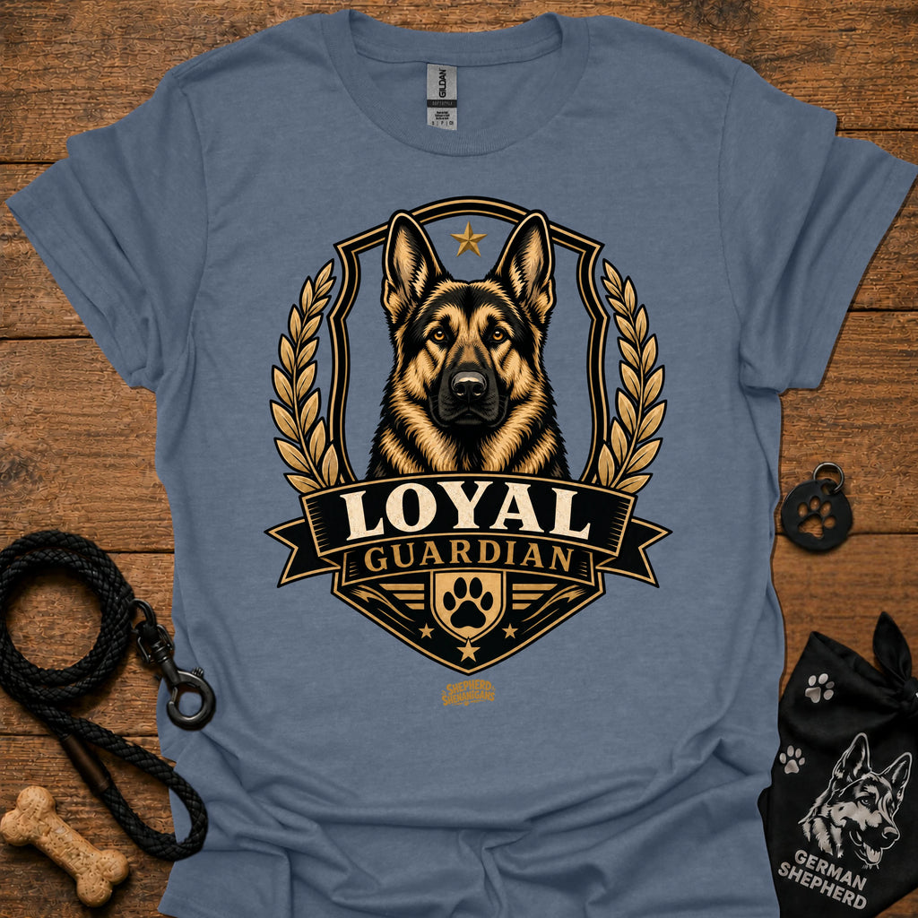 Light blue Loyal guardian graphic T-shirt with German shepherd emblem in gold and black