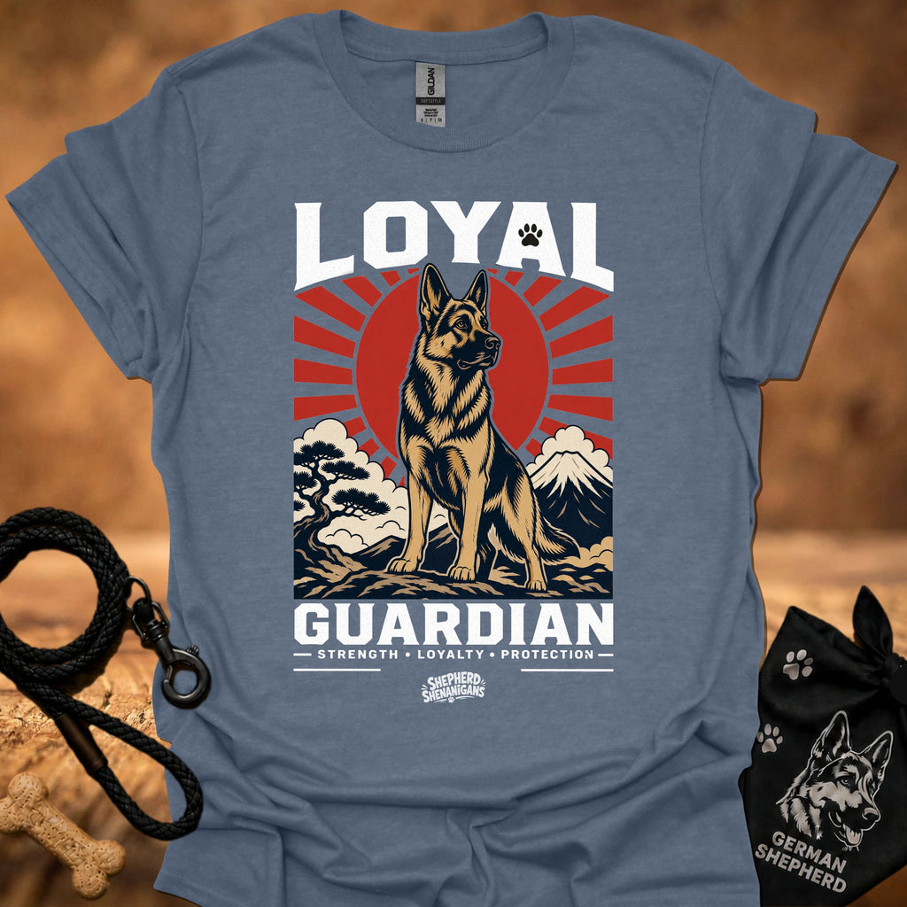 Slate blue T-shirt, front print of Loyal Guardian dog emblem