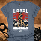 Slate blue T-shirt, front print of Loyal Guardian dog emblem