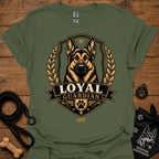 Military green Loyal guardian graphic T-shirt with German shepherd emblem in gold and black