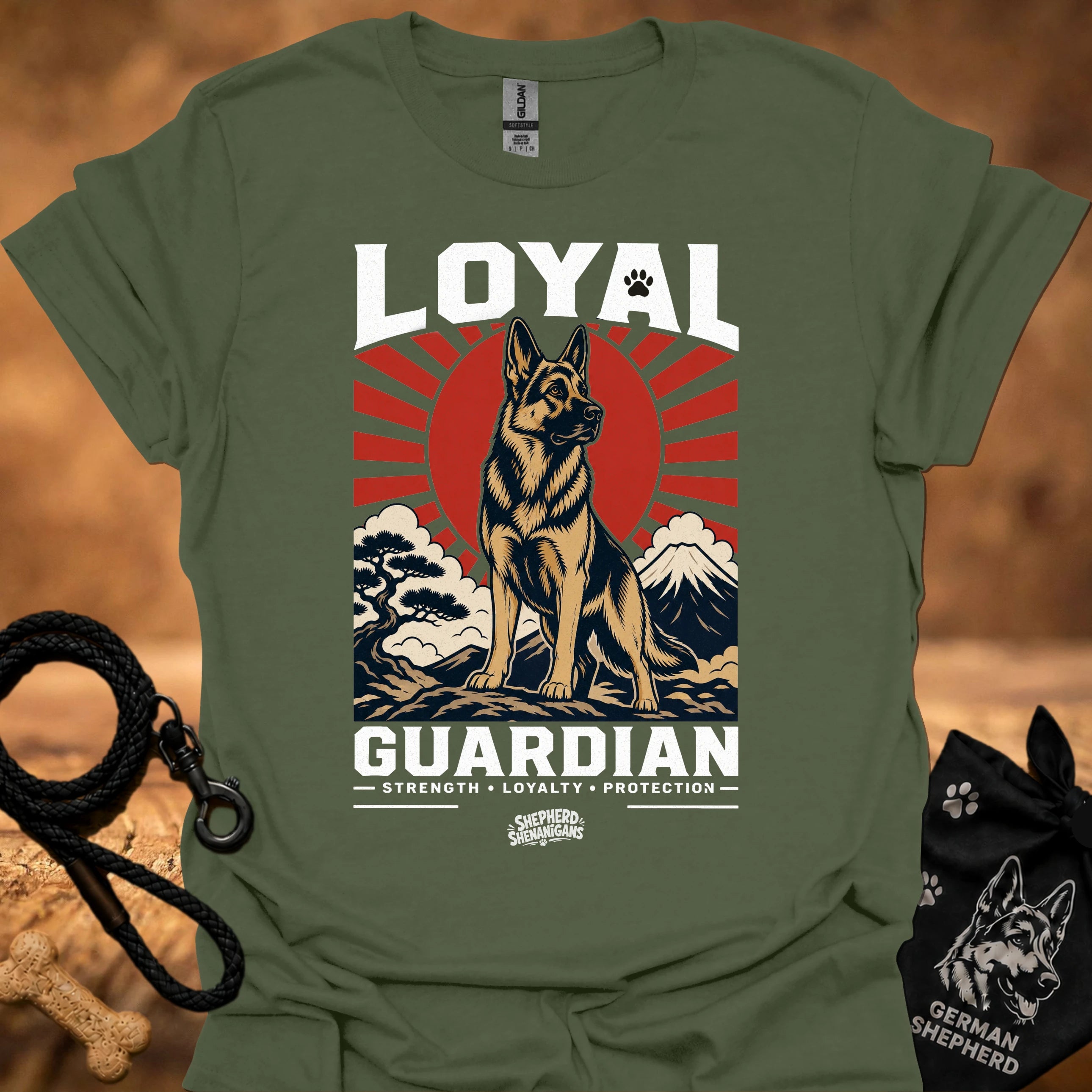 Military green T-shirt, front print of Loyal Guardian dog emblem