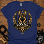 Navy Loyal guardian graphic T-shirt with German shepherd emblem in gold and black