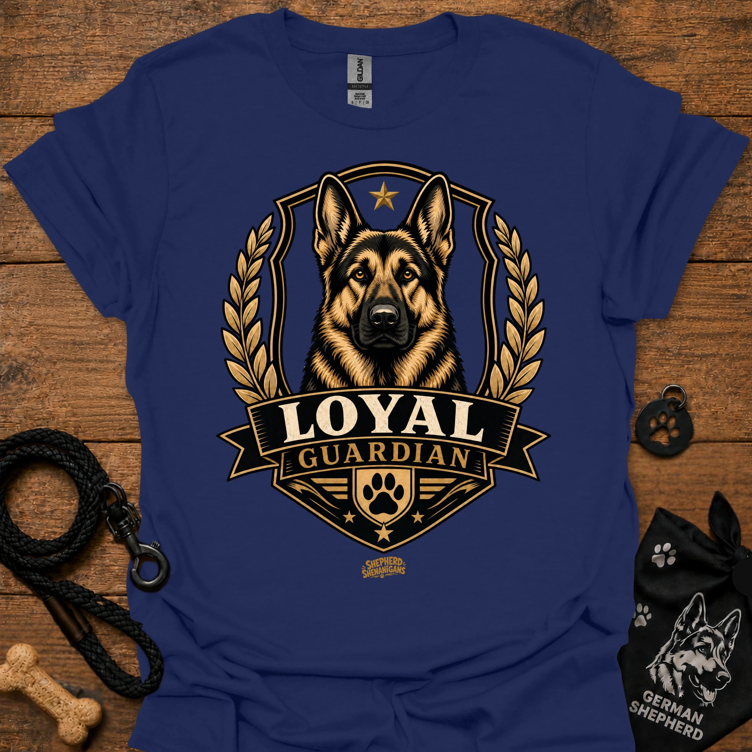 Navy Loyal guardian graphic T-shirt with German shepherd emblem in gold and black