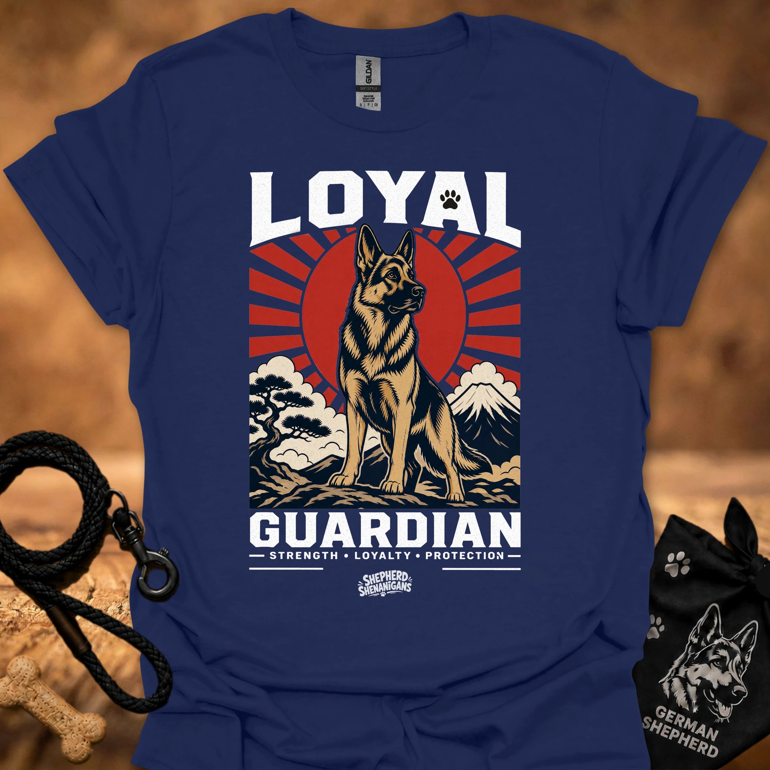 Navy blue T-shirt, front print of Loyal Guardian dog emblem