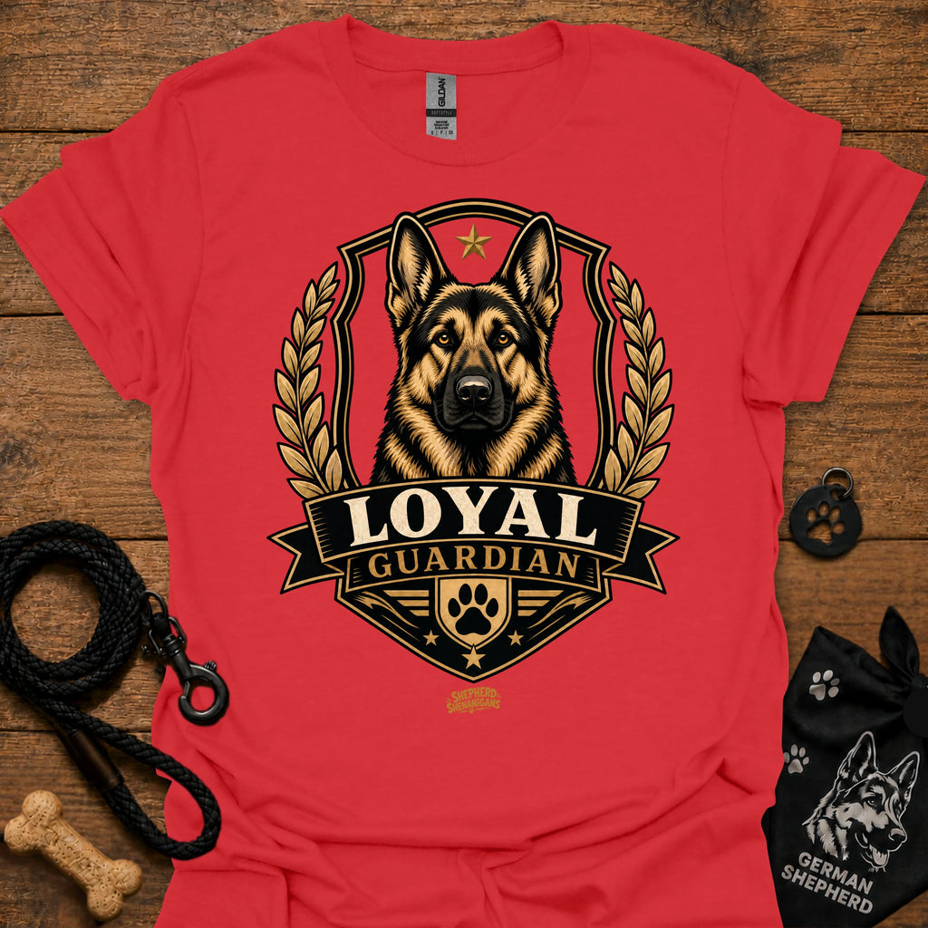 Red Loyal guardian graphic T-shirt with German shepherd emblem in gold and black