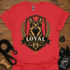 Red Loyal guardian graphic T-shirt with German shepherd emblem in gold and black