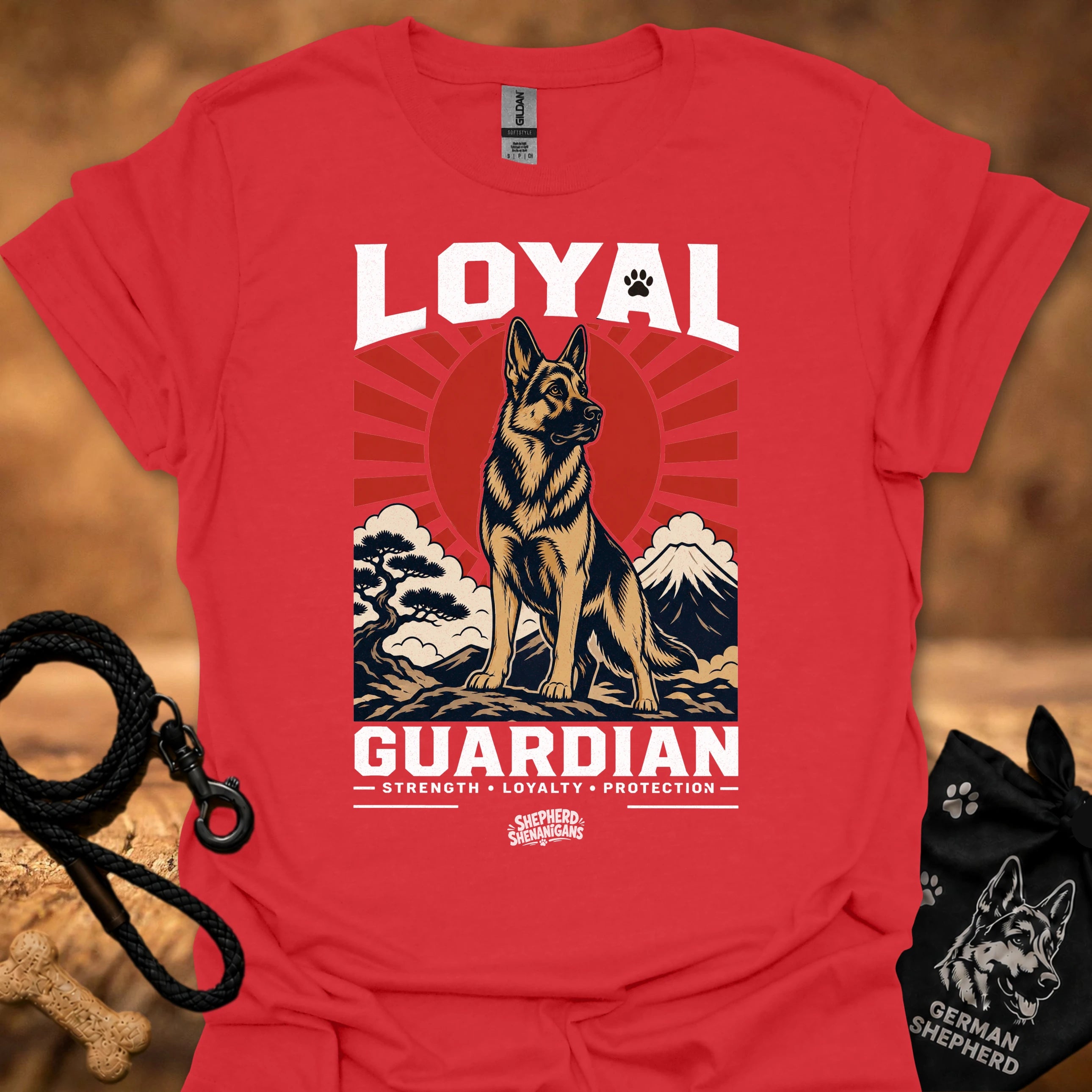 Red T-shirt, front print of Loyal Guardian dog emblem