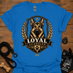 Royal blue Loyal guardian graphic T-shirt with German shepherd emblem in gold and black