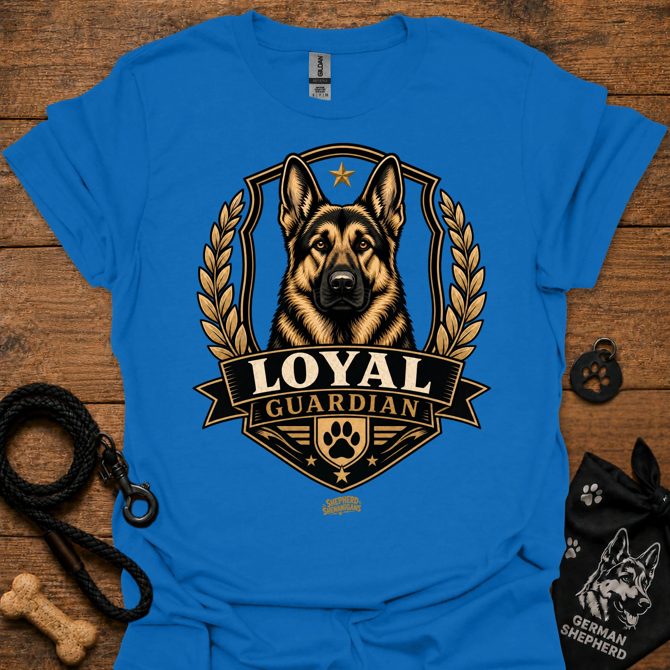 Royal blue Loyal guardian graphic T-shirt with German shepherd emblem in gold and black