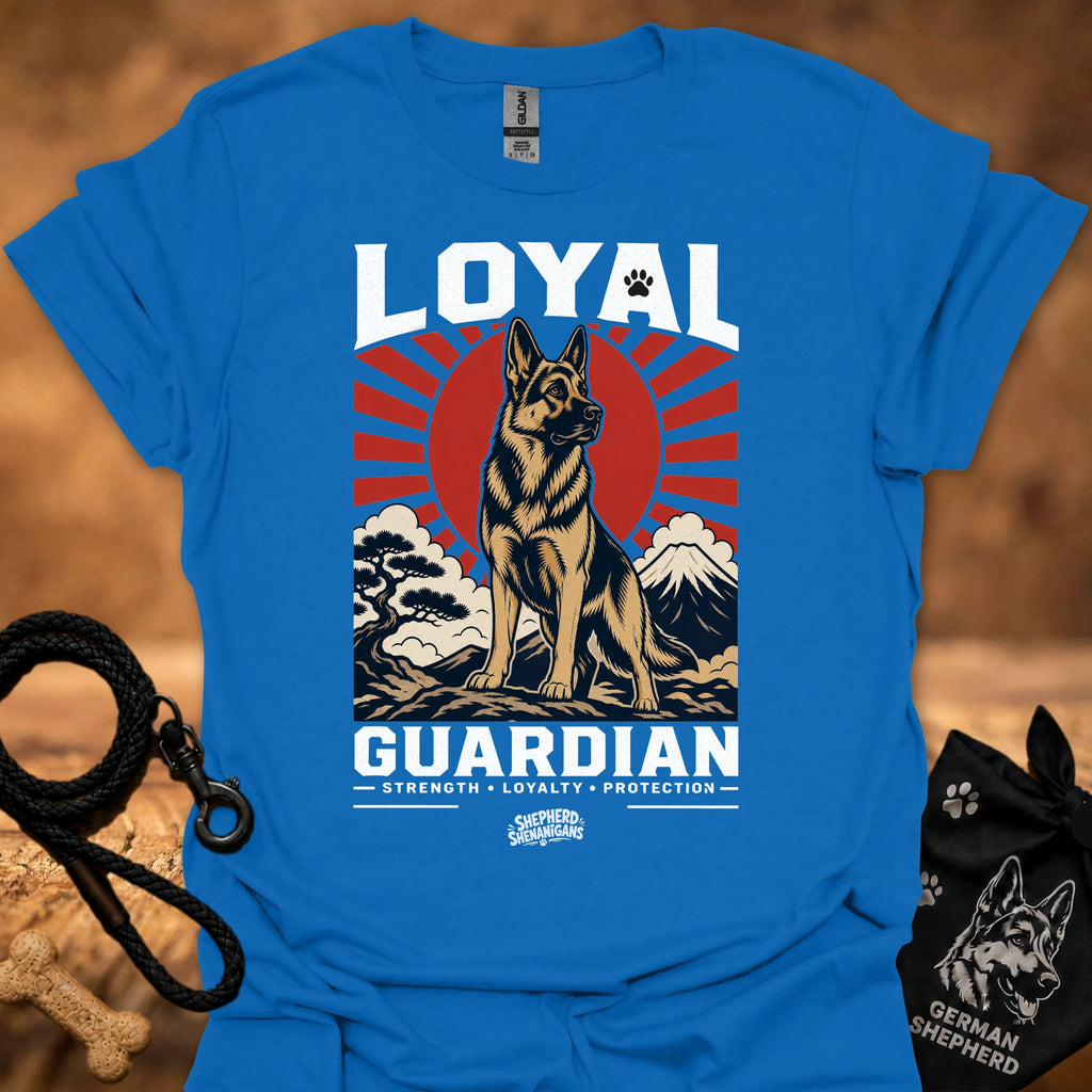 Royal blue T-shirt, front print of Loyal Guardian dog emblem