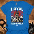 Royal blue T-shirt, front print of Loyal Guardian dog emblem