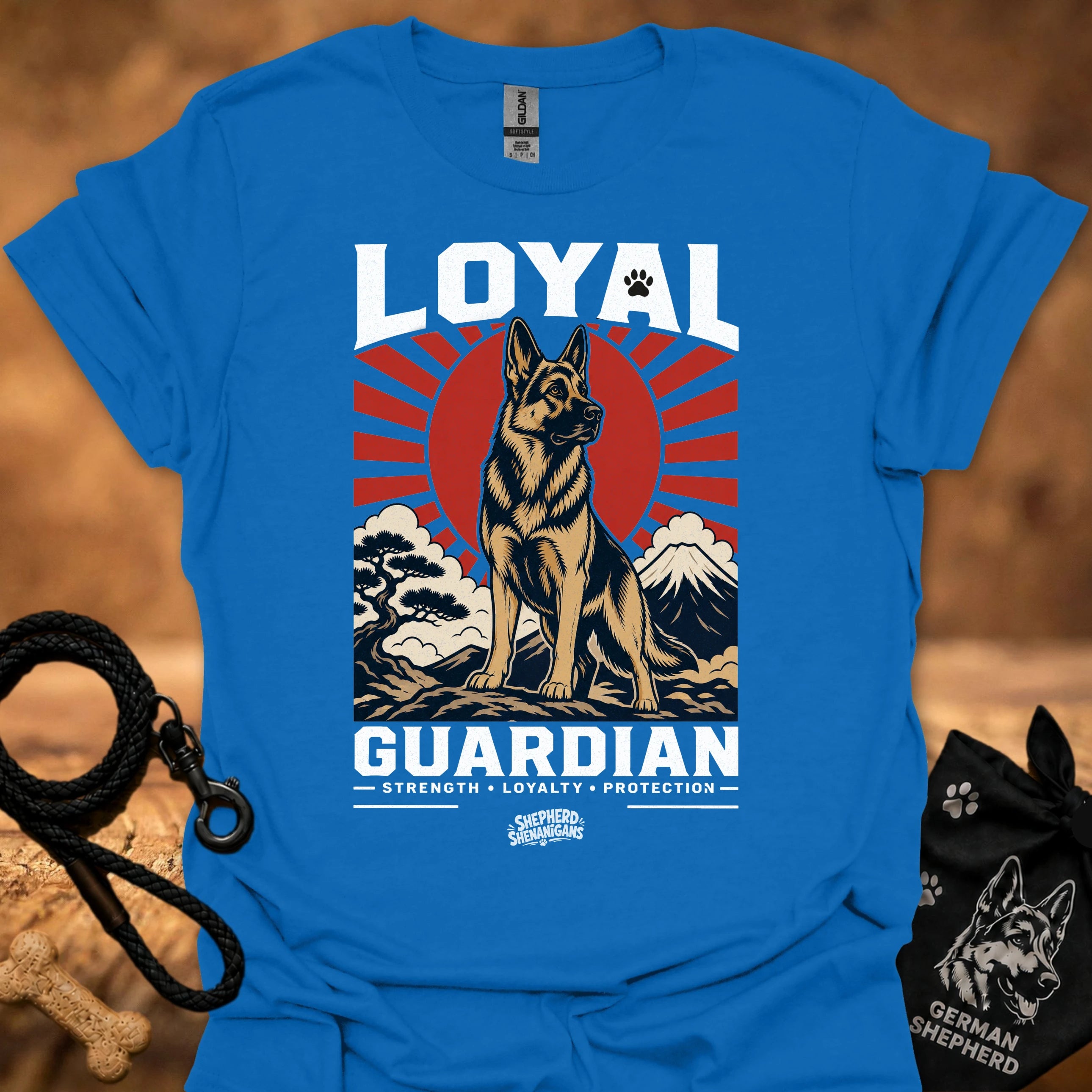 Royal blue T-shirt, front print of Loyal Guardian dog emblem