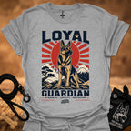 Heather gray T-shirt, front print of Loyal Guardian dog emblem