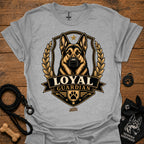 Sport grey Loyal guardian graphic T-shirt with German shepherd emblem in gold and black