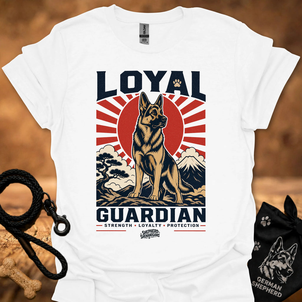 White T-shirt, front print of Loyal Guardian dog emblem