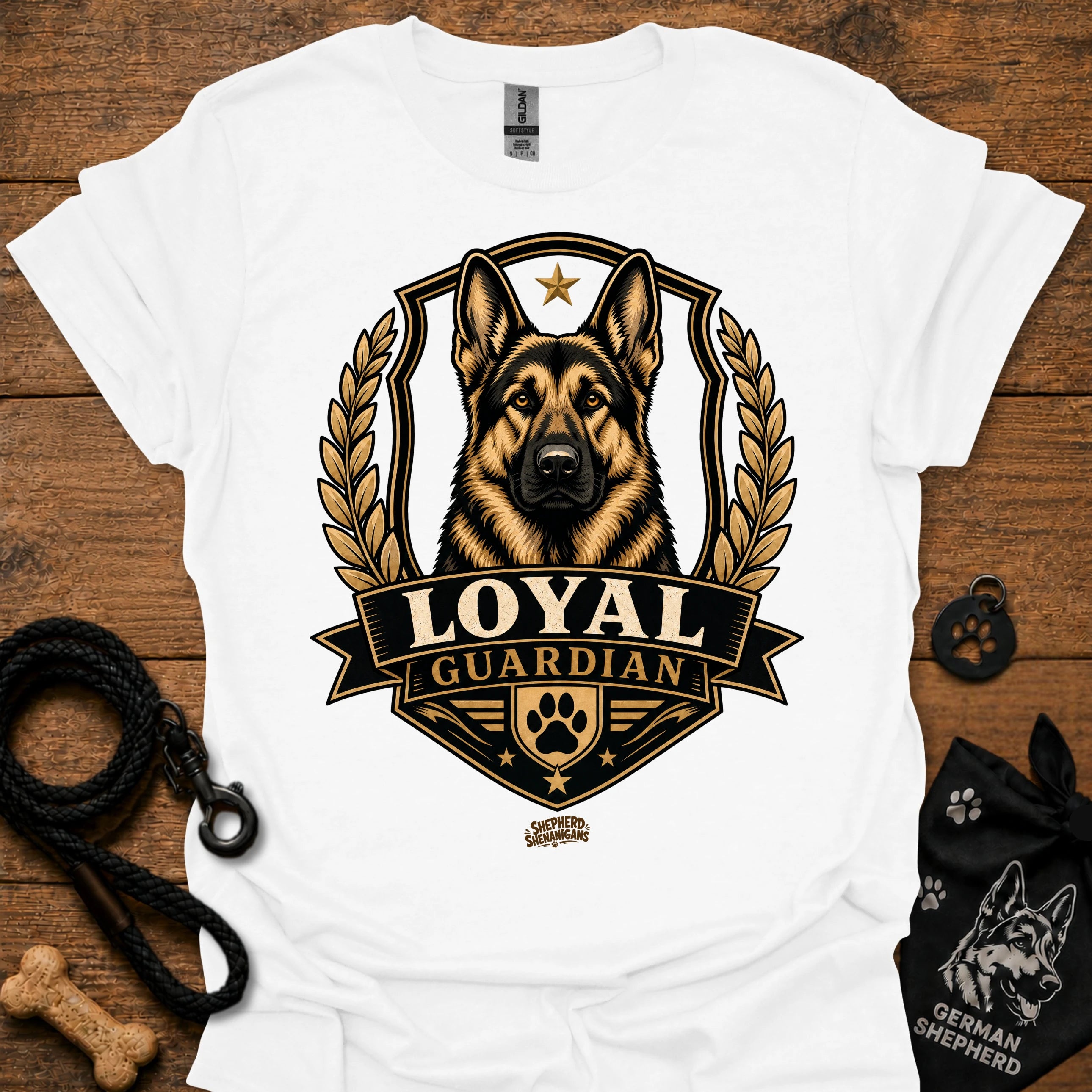 White Loyal guardian graphic T-shirt with German shepherd emblem in gold and black