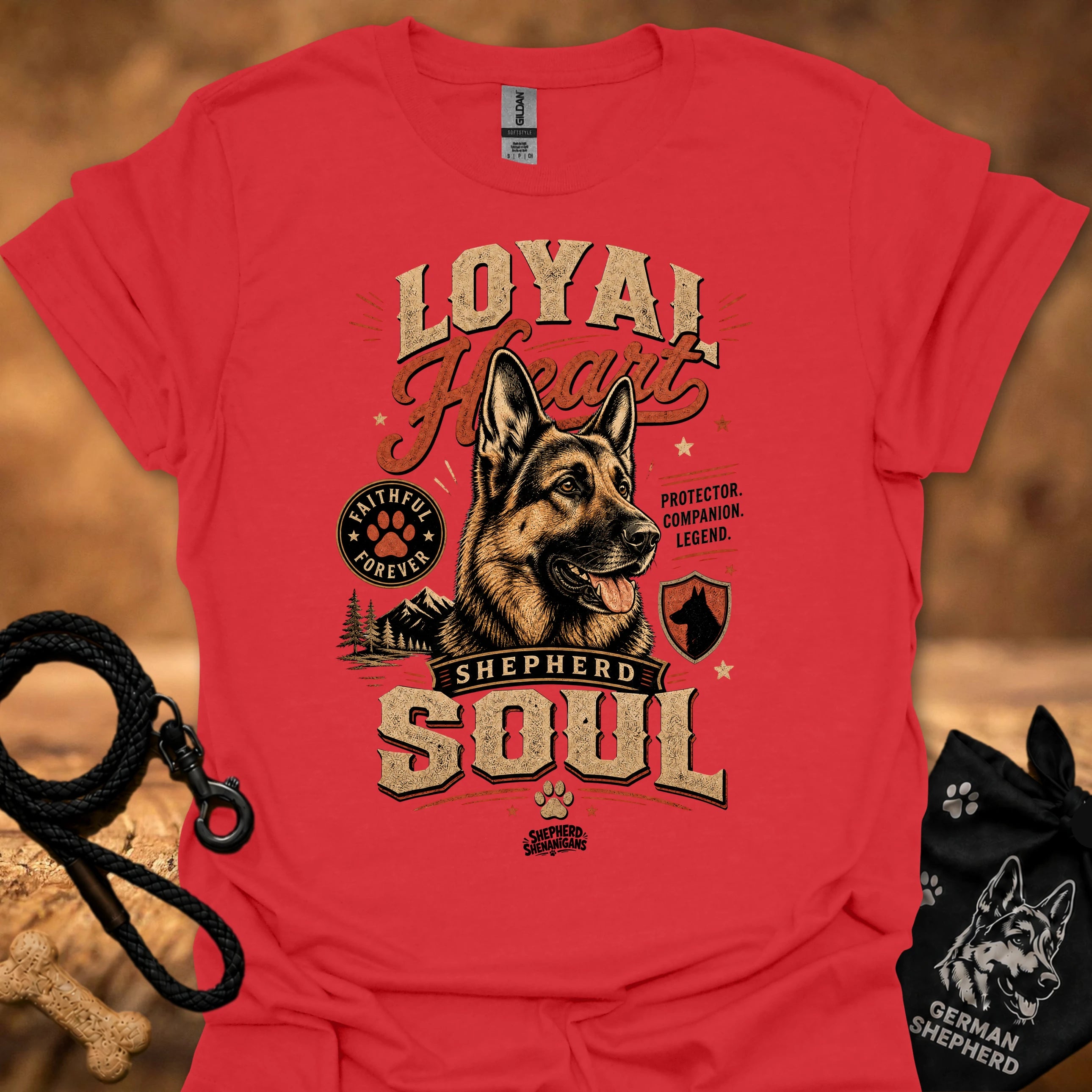 Red dog graphic t-shirt with "Loyal" heart and "Shepherd Soul" print
