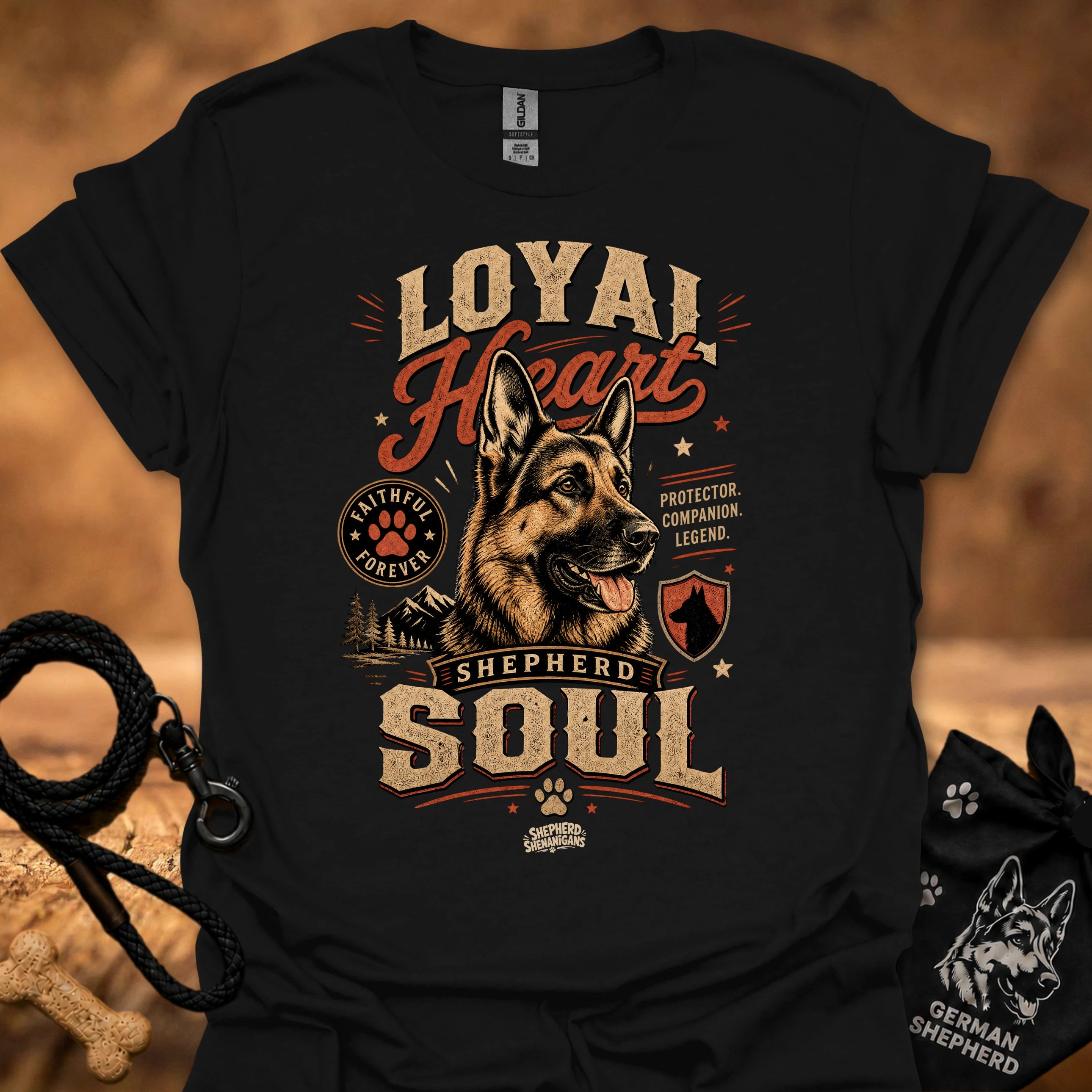 Black dog graphic t-shirt with "Loyal" heart and "Shepherd Soul" print