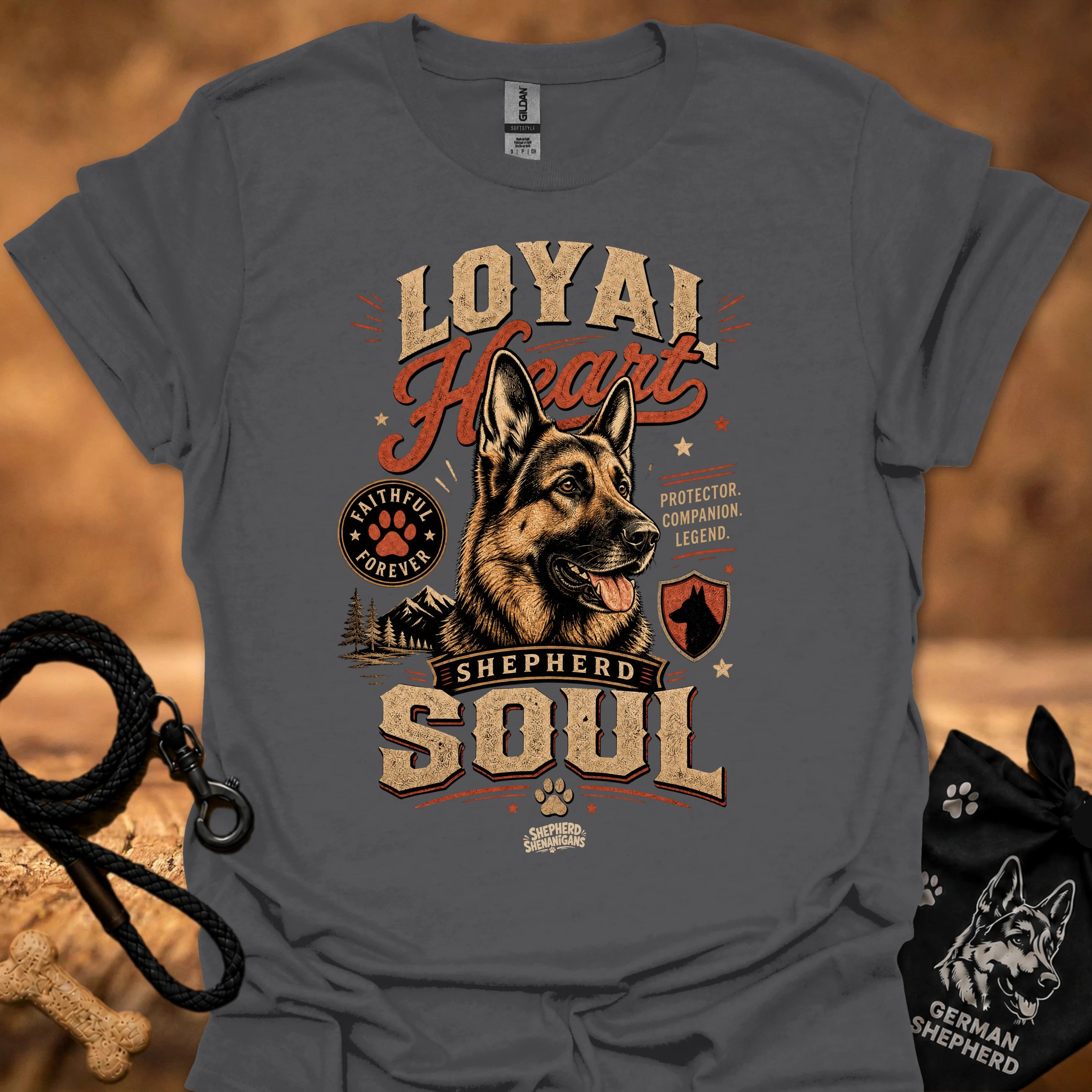 Charcoal dog graphic t-shirt with "Loyal" heart and "Shepherd Soul" print