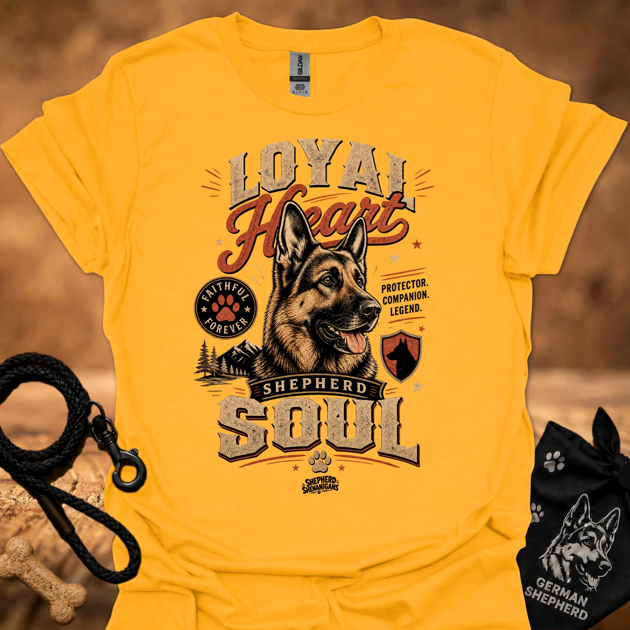 Gold dog graphic t-shirt with "Loyal" heart and "Shepherd Soul" print