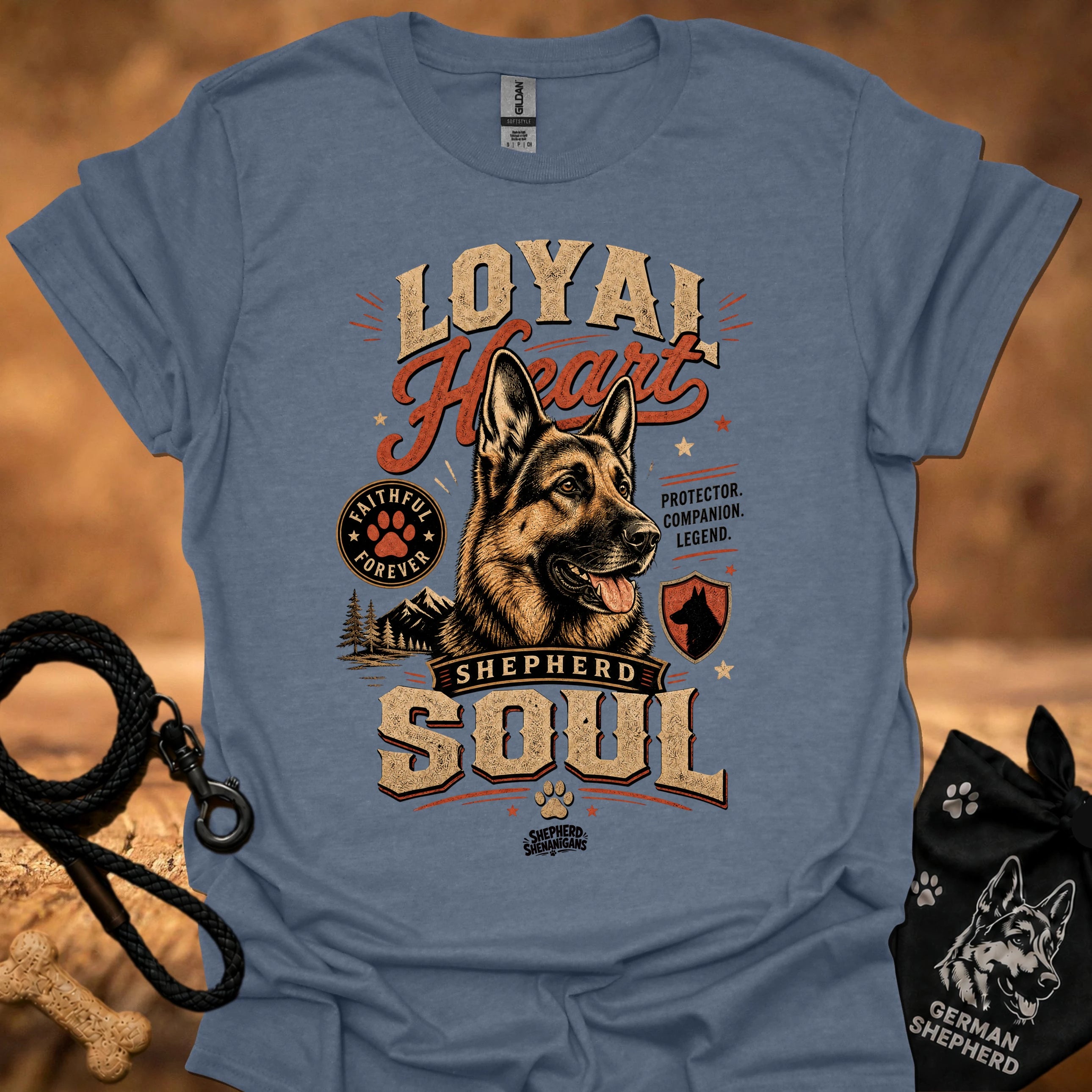 Blue dog graphic t-shirt with "Loyal" heart and "Shepherd Soul" print
