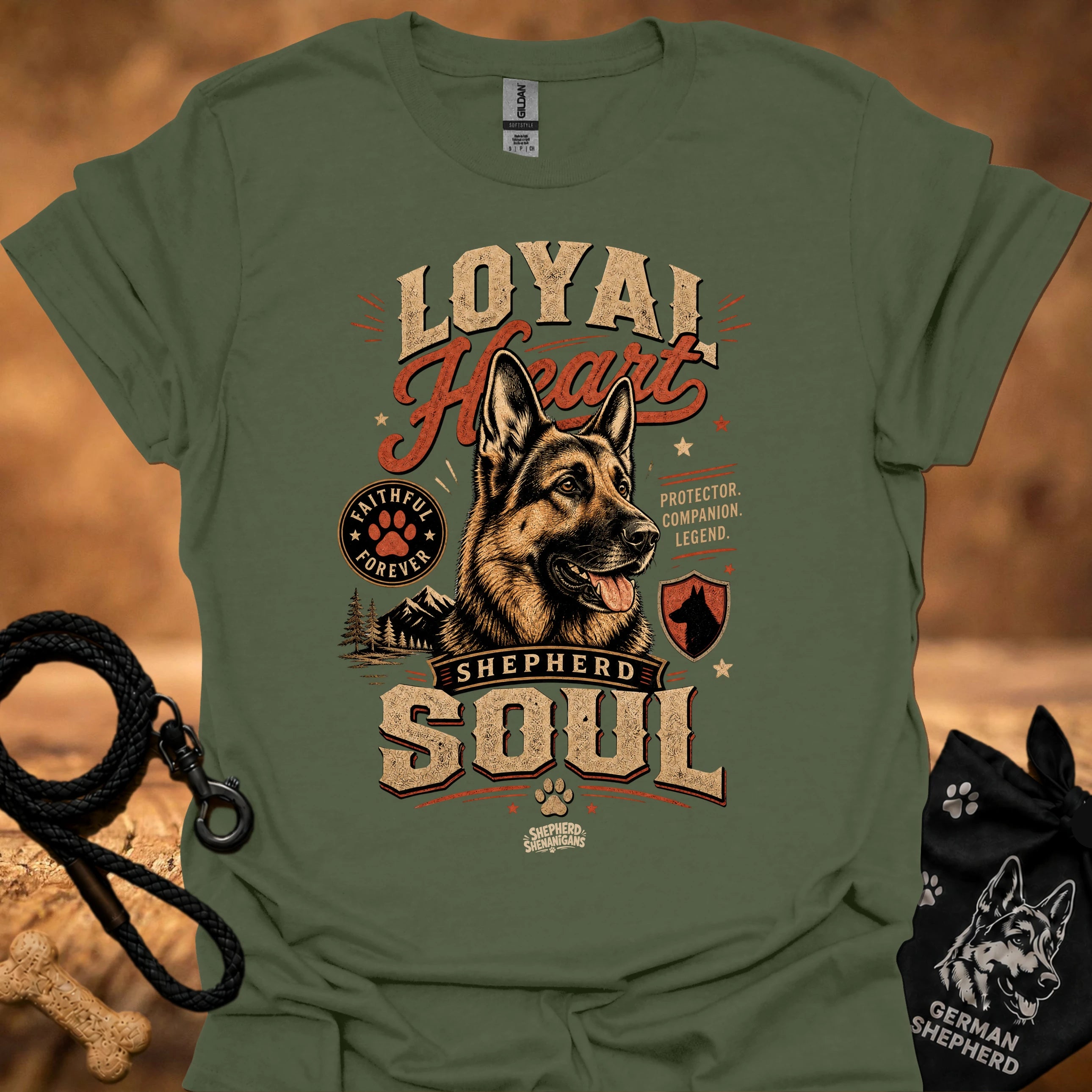 Military green dog graphic t-shirt with "Loyal" heart and "Shepherd Soul" print