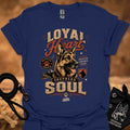 Navy dog graphic t-shirt with "Loyal" heart and "Shepherd Soul" print