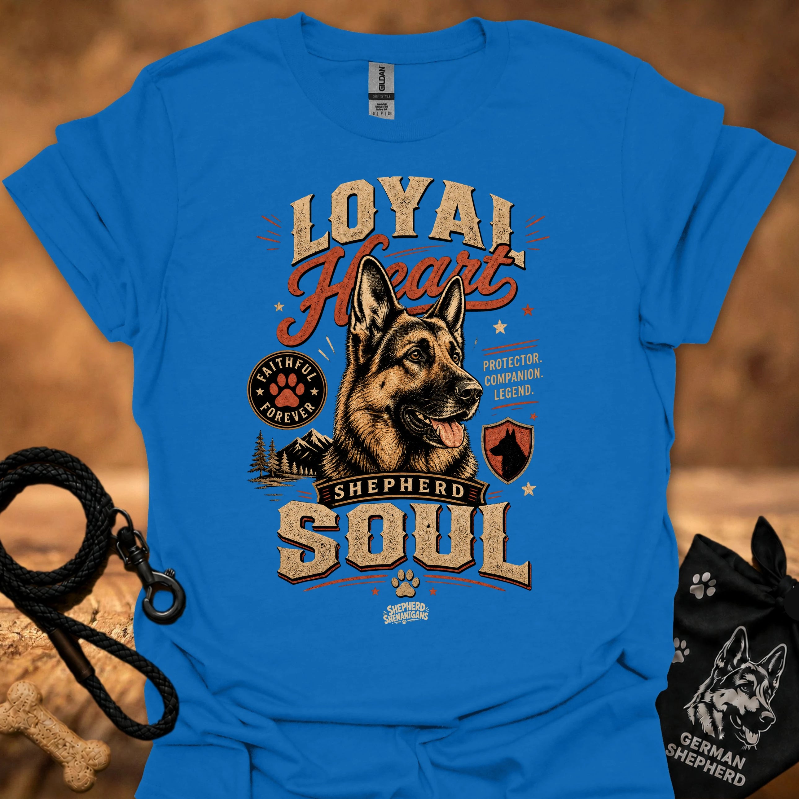Royal blue dog graphic t-shirt with "Loyal" heart and "Shepherd Soul" print