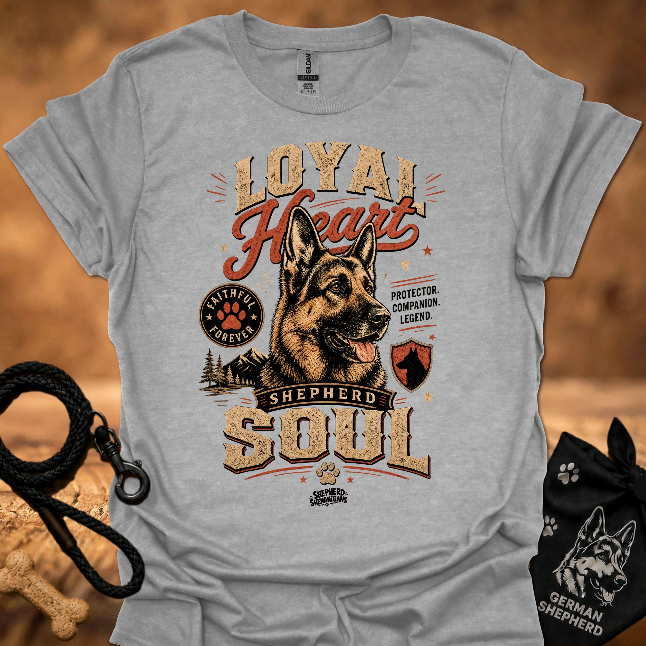Heather gray dog graphic t-shirt with "Loyal" heart and "Shepherd Soul" print