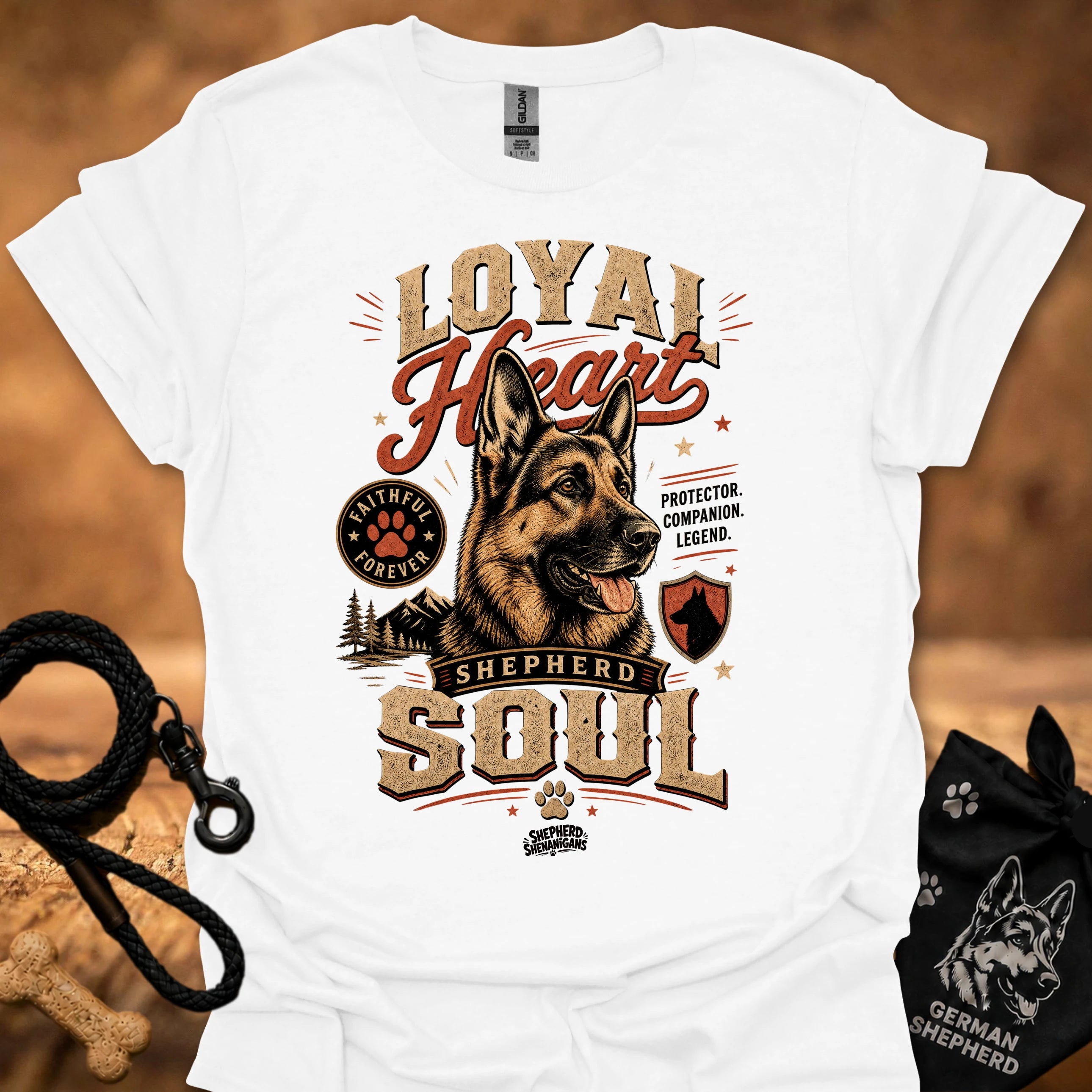 White dog graphic t-shirt with "Loyal" heart and "Shepherd Soul" print