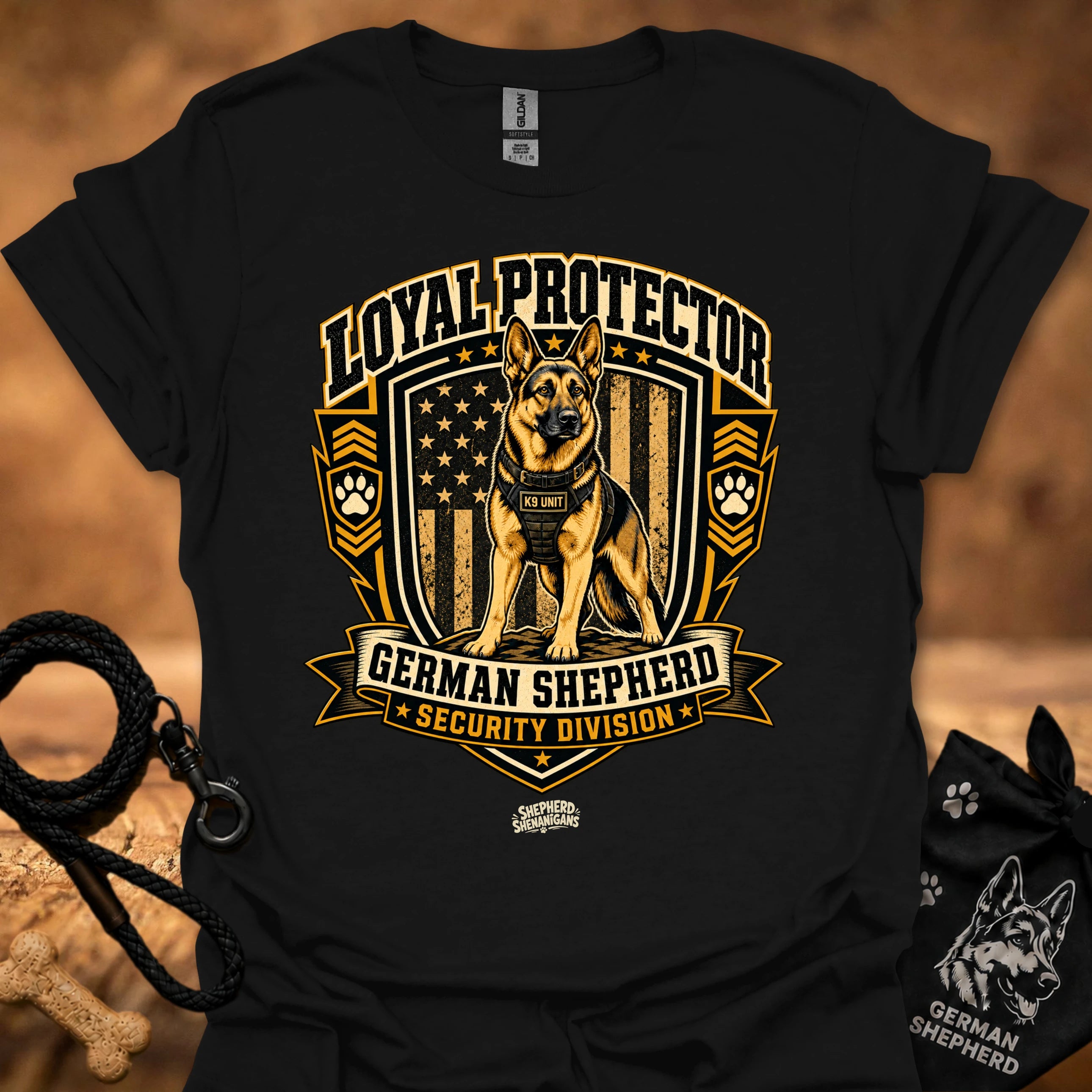 Black security graphic t-shirt with German Shepherd shield logo