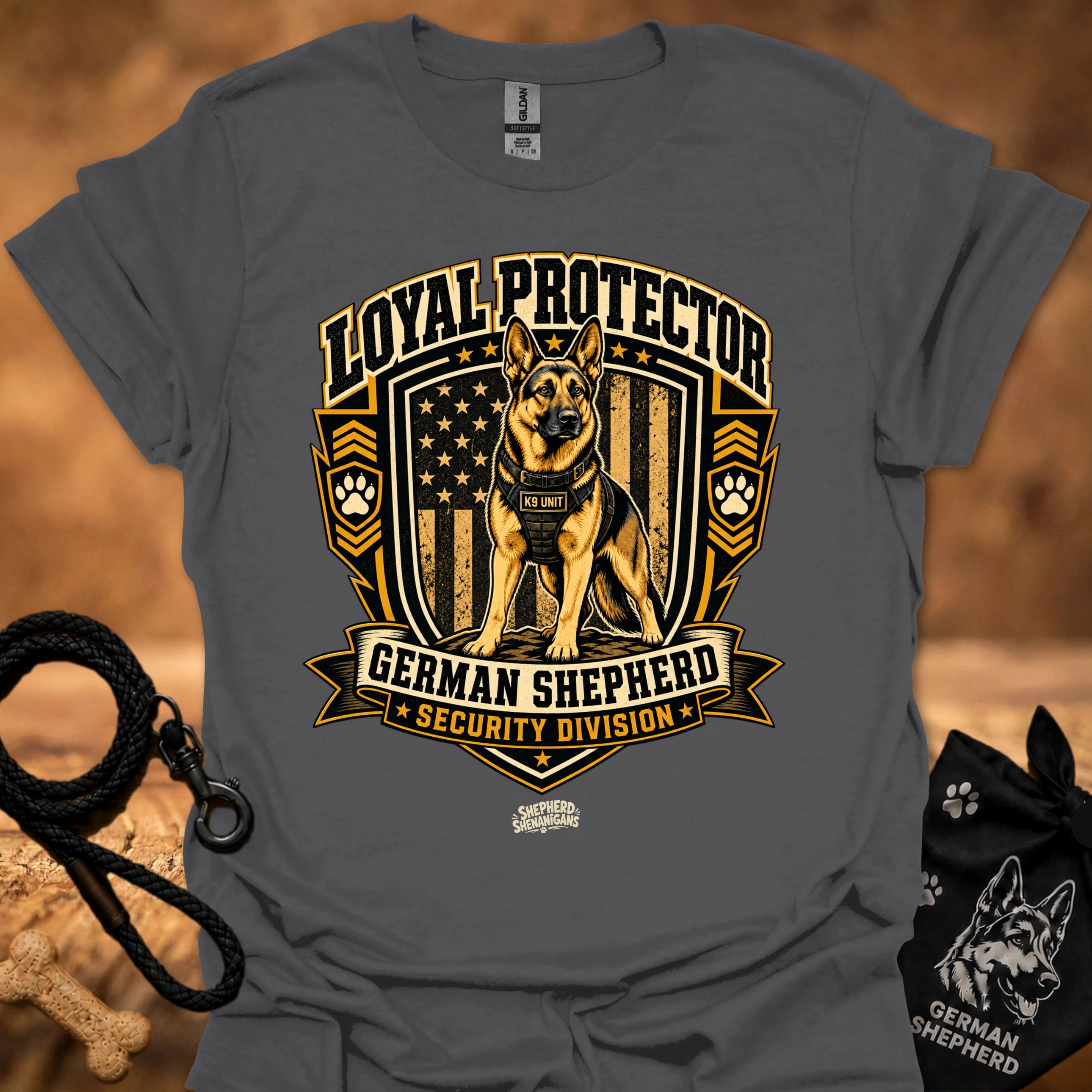 Charcoal security graphic t-shirt with German Shepherd shield logo