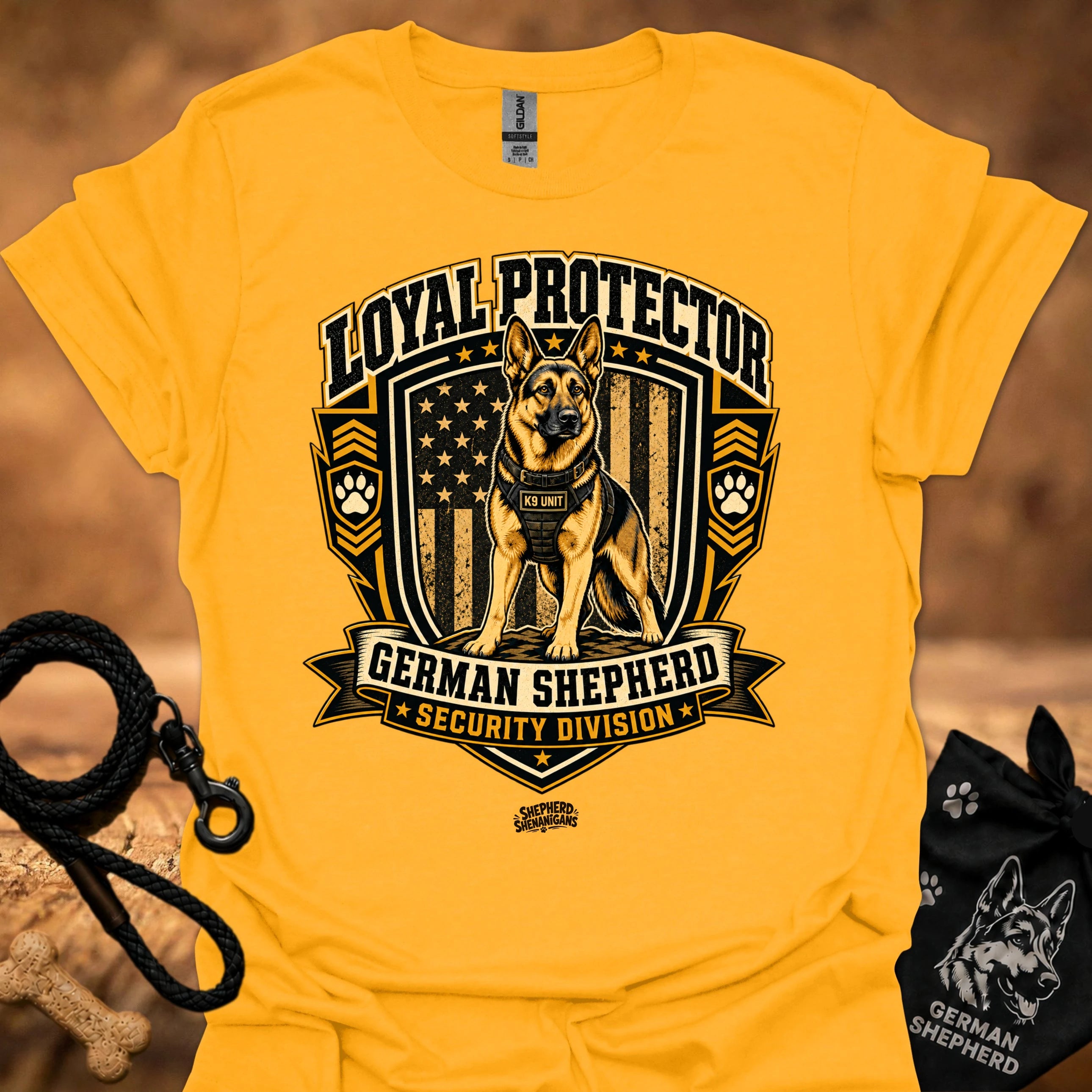 Gold security graphic t-shirt with German Shepherd shield logo