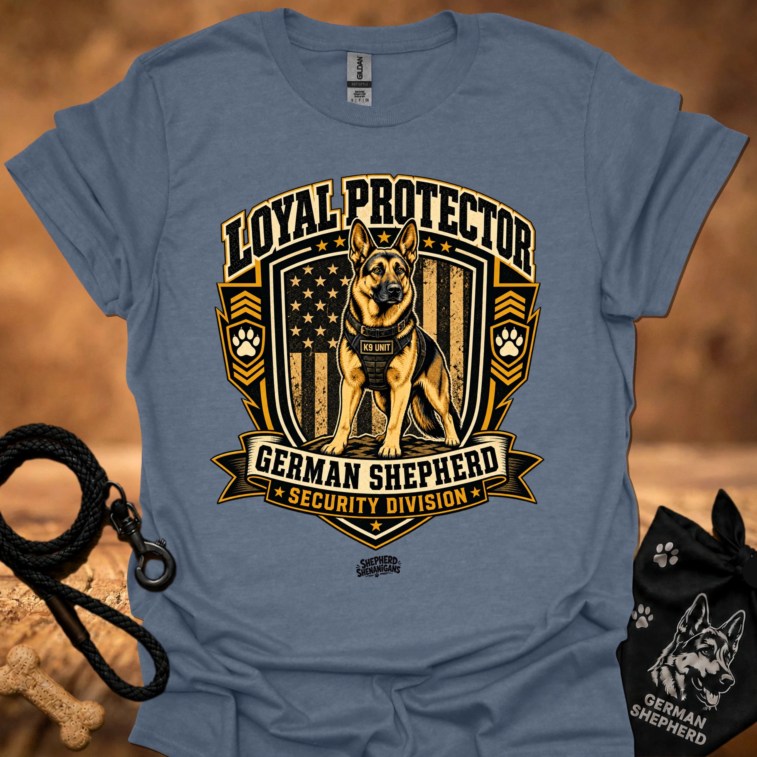 Blue security graphic t-shirt with German Shepherd shield logo