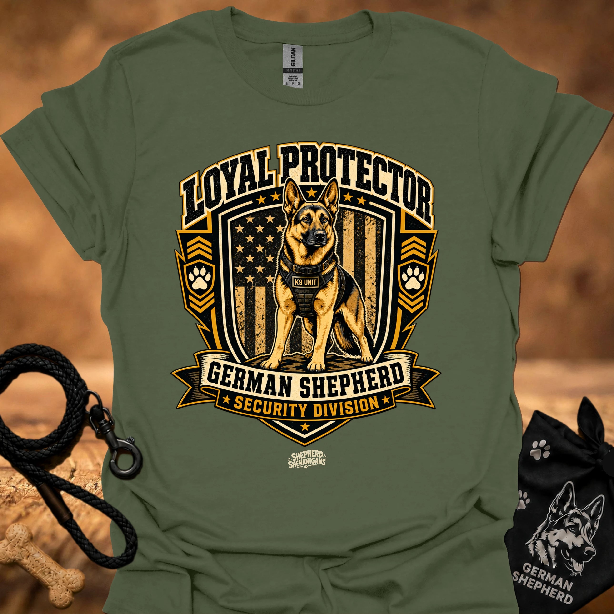 Military green security graphic t-shirt with German Shepherd shield logo