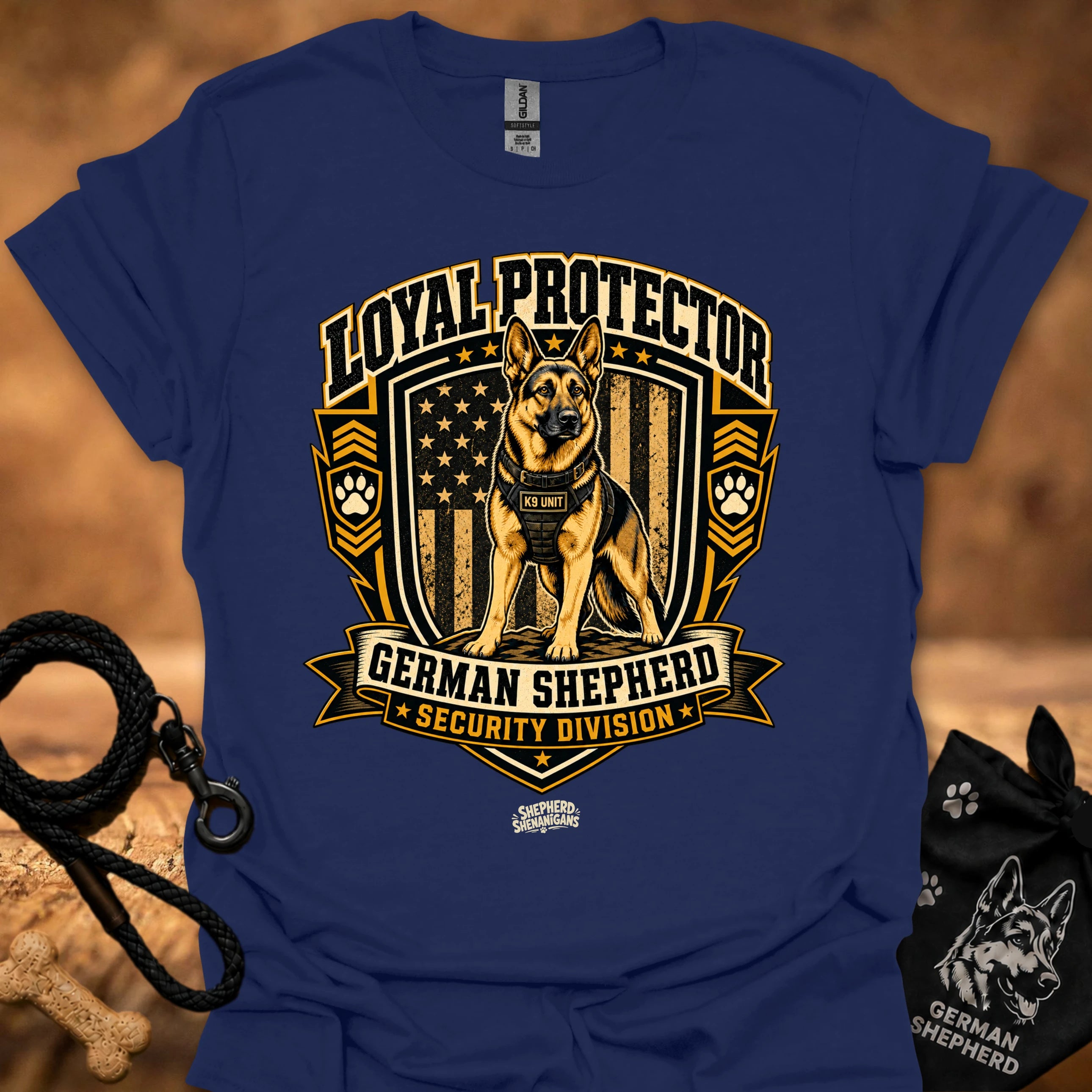 Navy security graphic t-shirt with German Shepherd shield logo