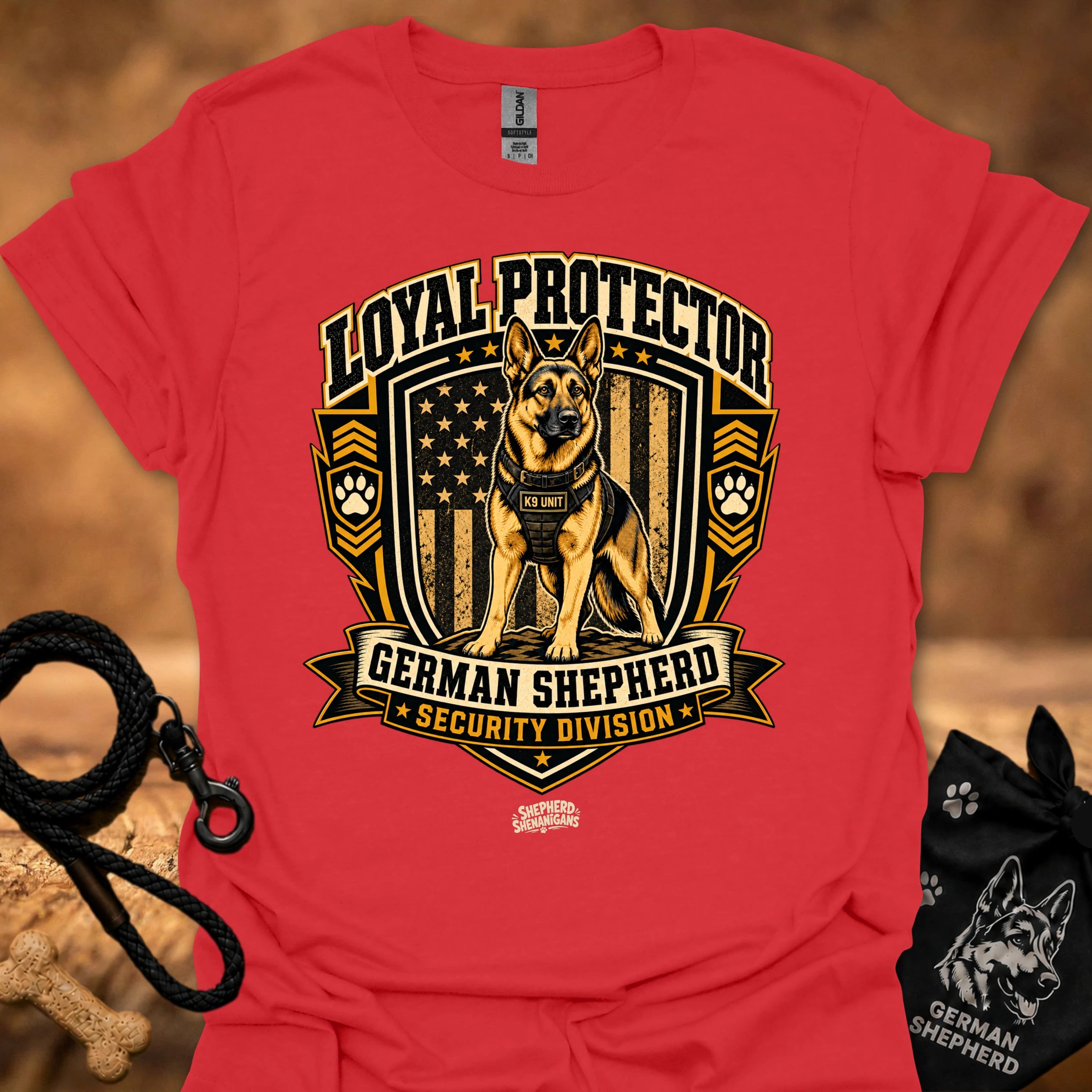 Red security graphic t-shirt with German Shepherd shield logo