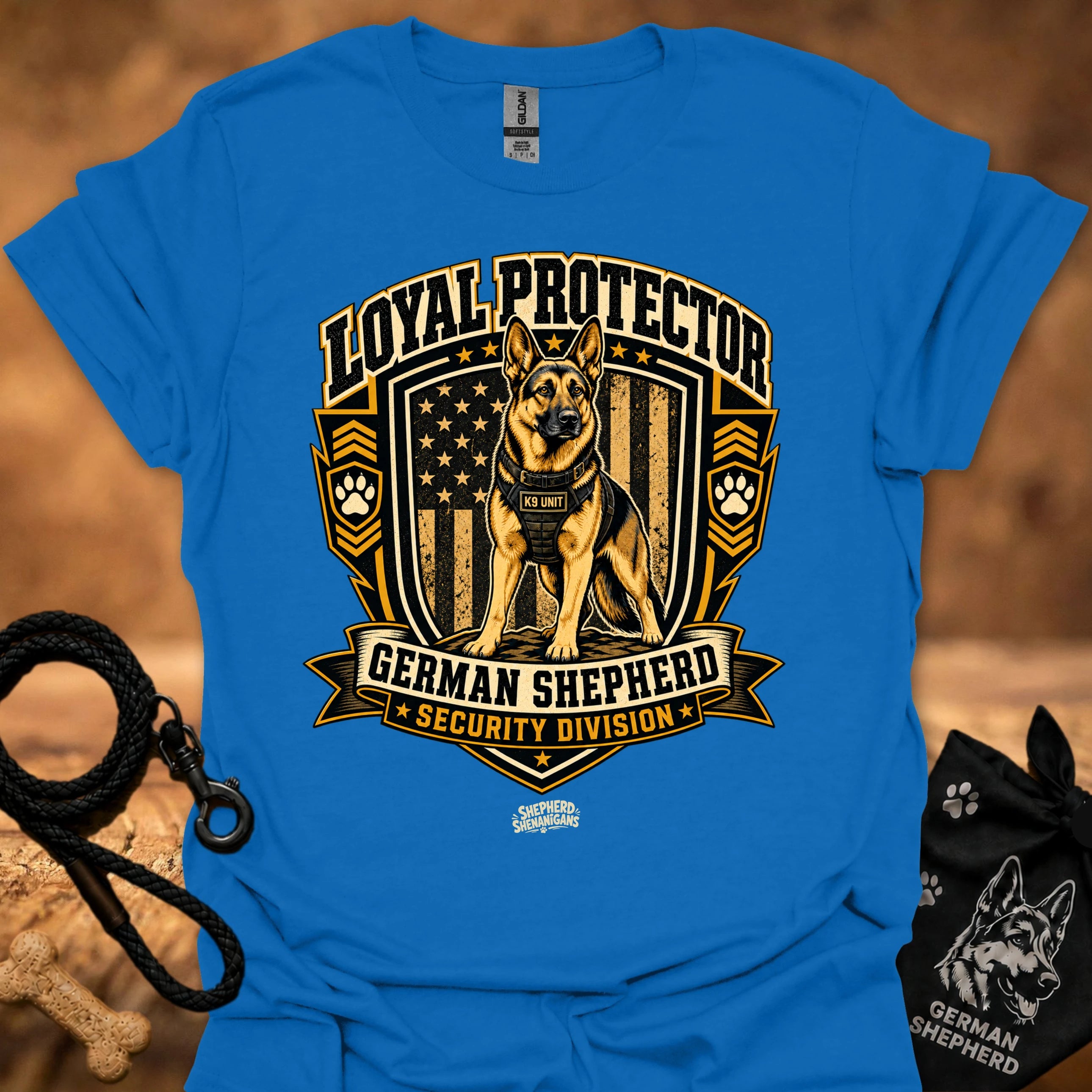 Royal blue security graphic t-shirt with German Shepherd shield logo