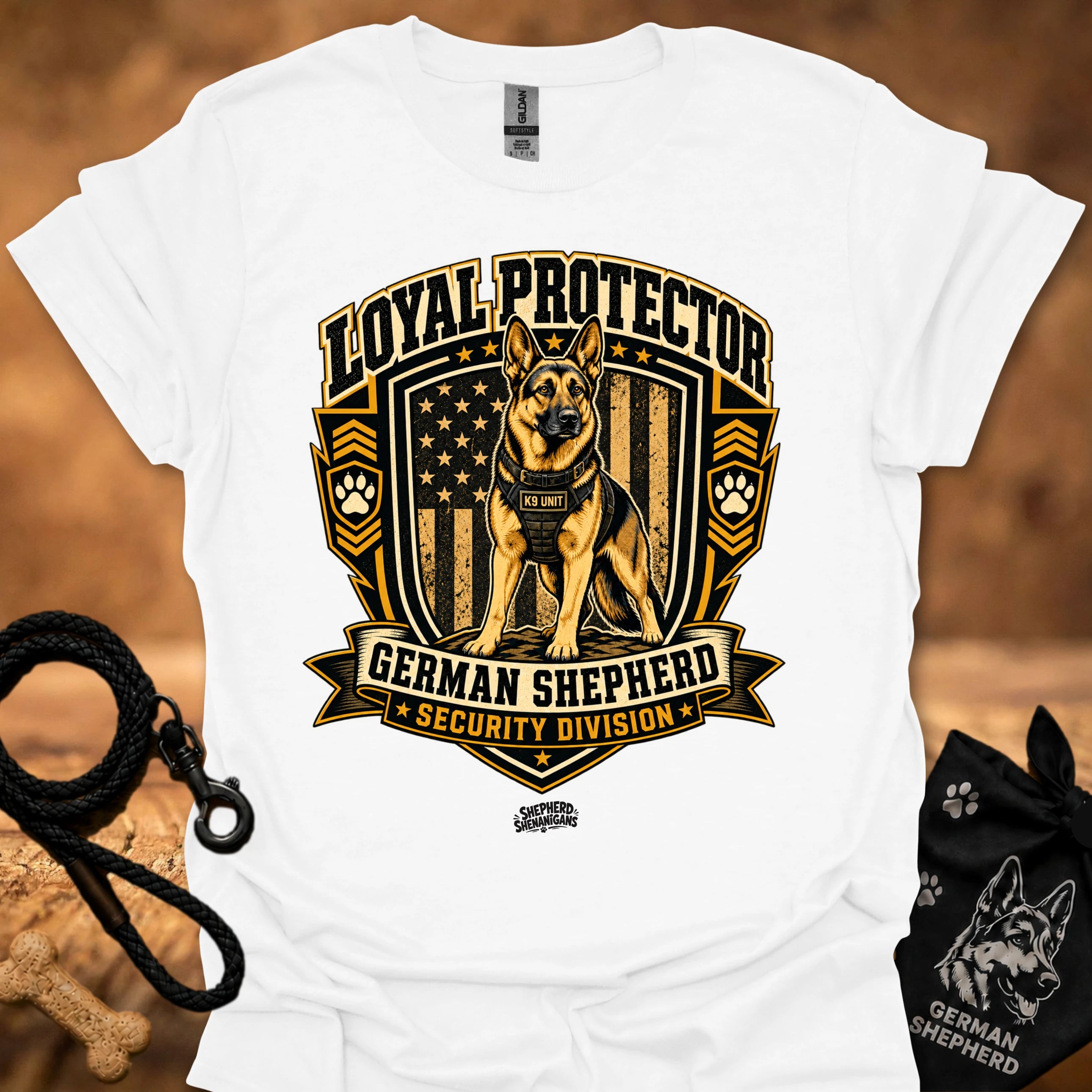 White security graphic t-shirt with German Shepherd shield logo