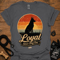 Charcoal gray dog silhouette graphic T-shirt with vintage-style badge emblem