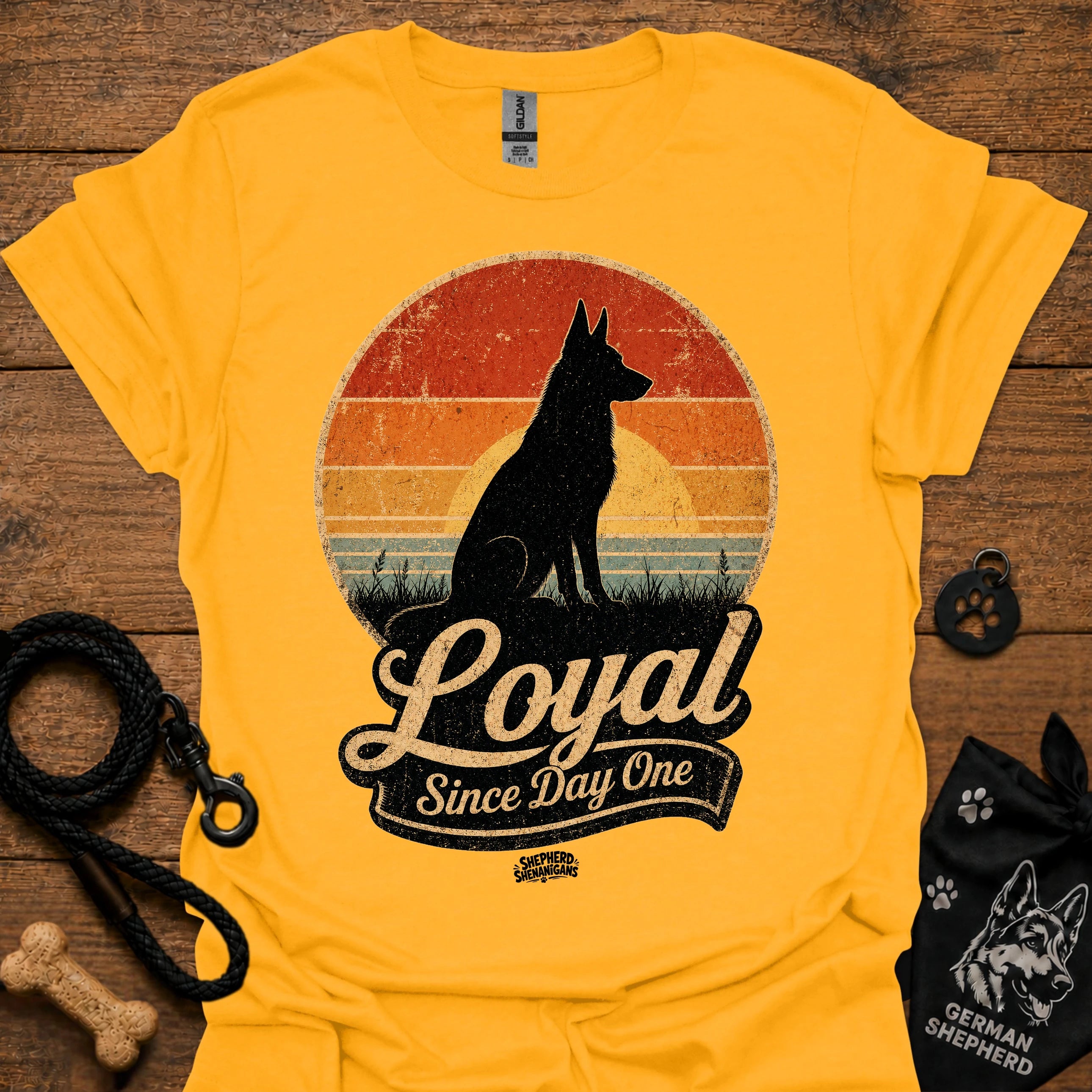 Gold yellow dog silhouette graphic T-shirt with vintage-style badge emblem