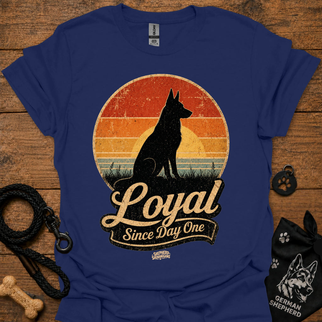 Navy blue dog silhouette graphic T-shirt with vintage-style badge emblem