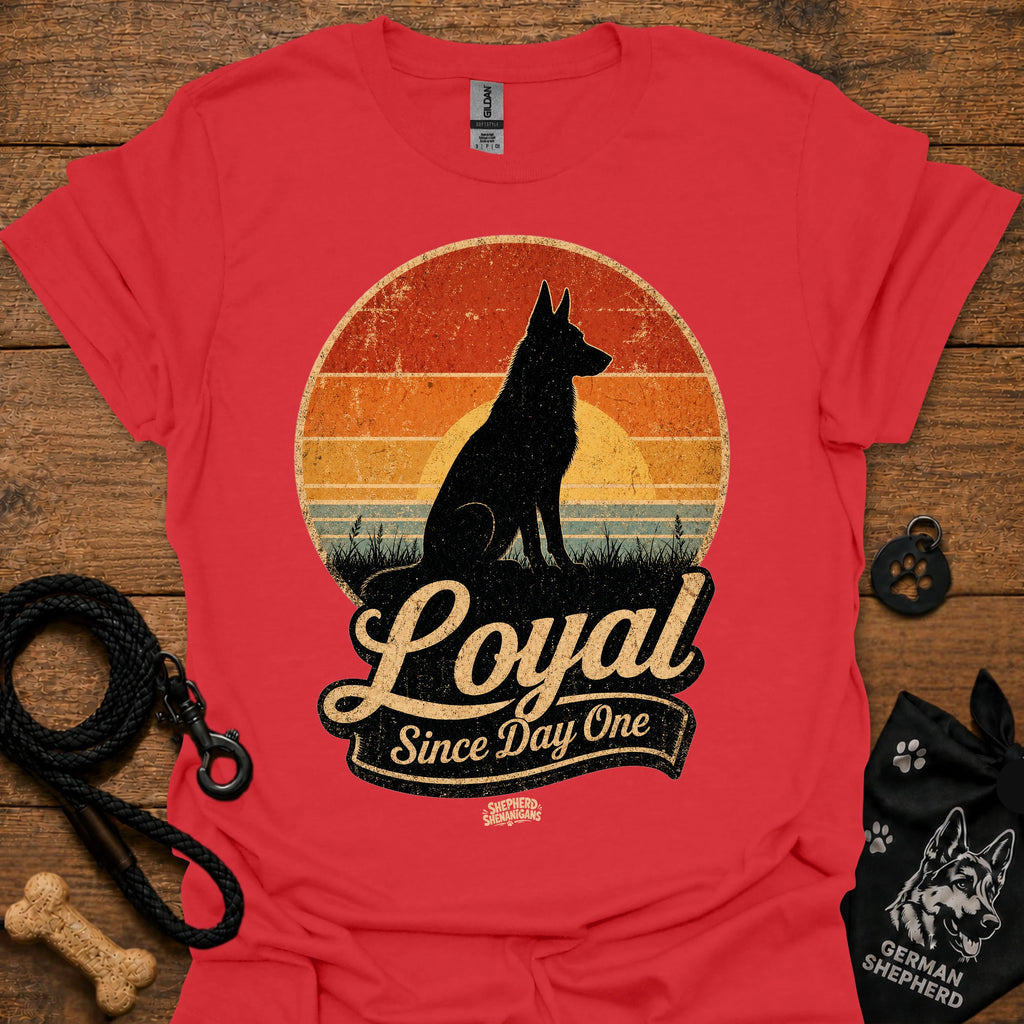 Red dog silhouette graphic T-shirt with vintage-style badge emblem